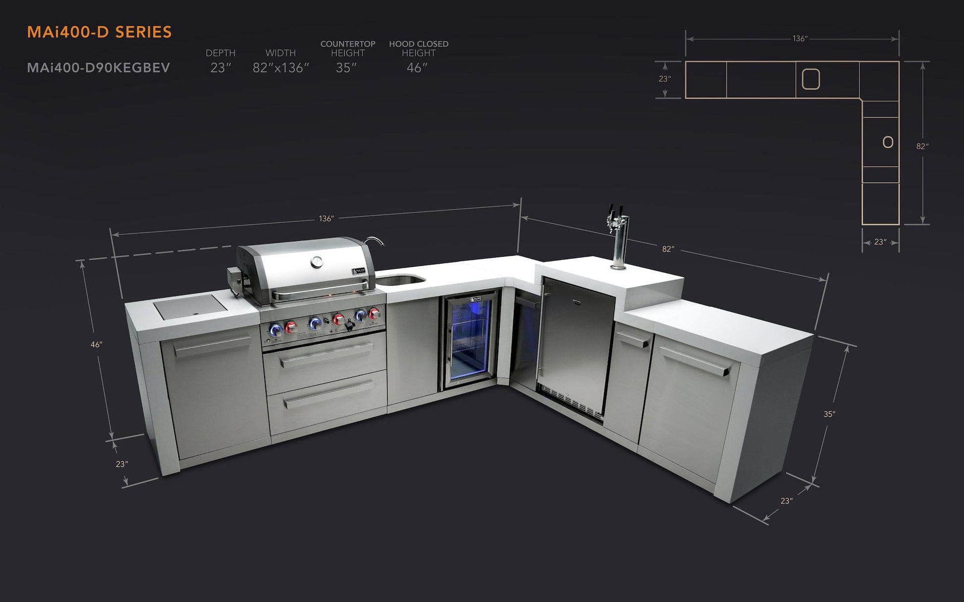 Mont Alpi Islands Mont Alpi 400 Deluxe Island with Beverage Center + 90 Degree Corner + Kegerator / 4-Burner Grill, 2 Infrared Burners, Sink, Fridge, Stainless Steel / MAi400-D90KEGBEV