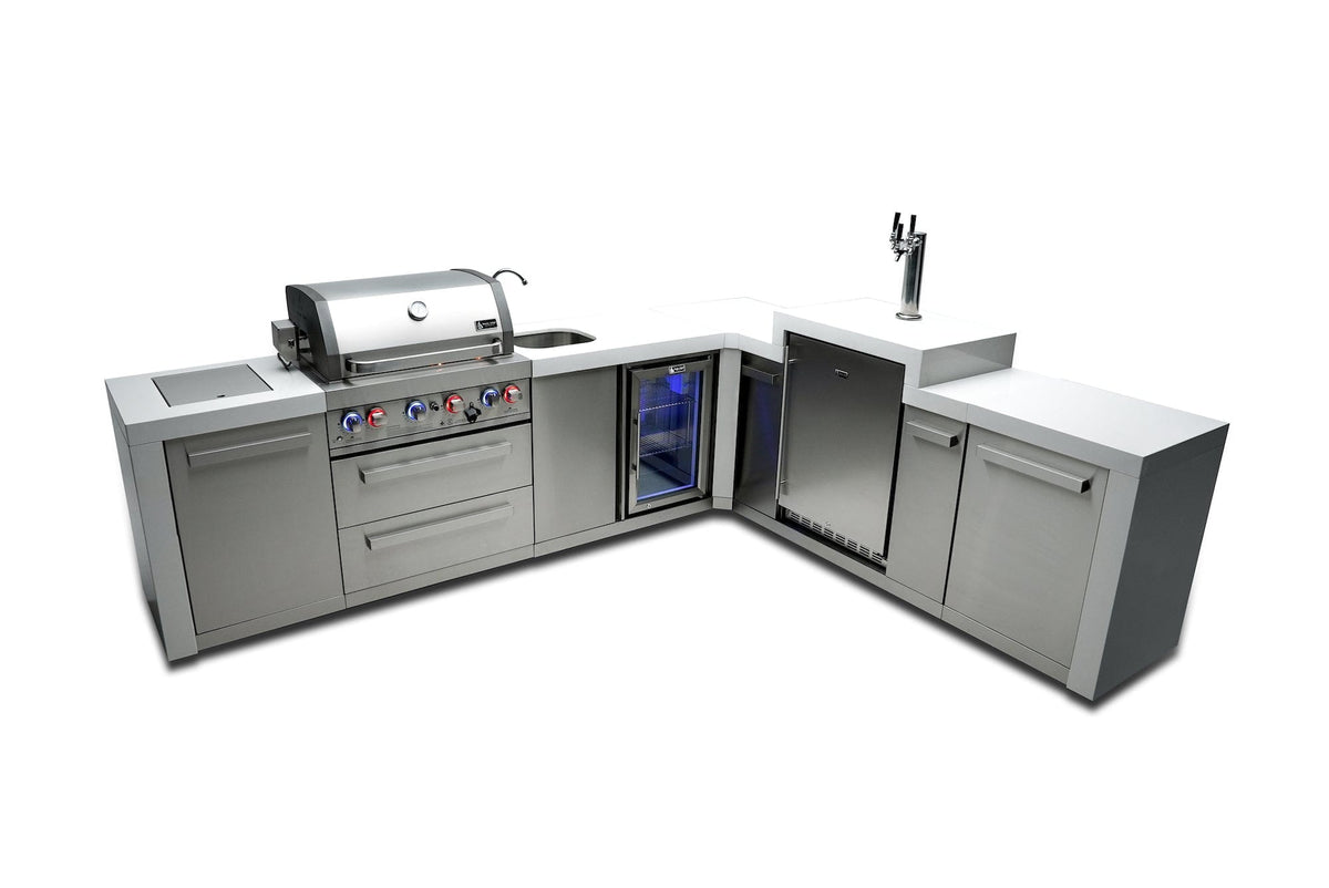 Mont Alpi Islands Mont Alpi 400 Deluxe Island with Beverage Center + 90 Degree Corner + Kegerator / 4-Burner Grill, 2 Infrared Burners, Sink, Fridge, Stainless Steel / MAi400-D90KEGBEV