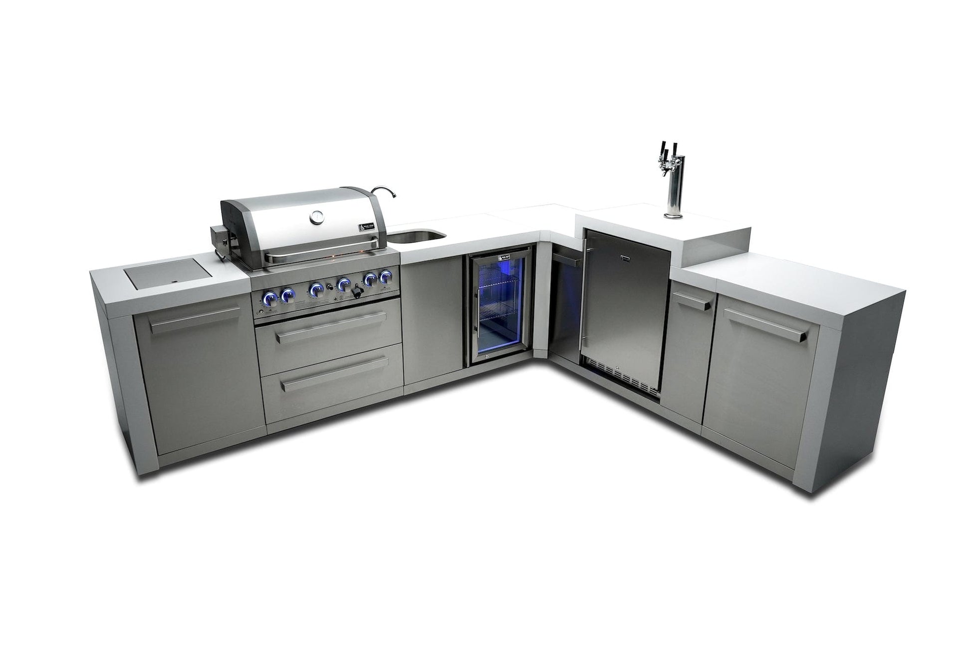 Mont Alpi Islands Mont Alpi 400 Deluxe Island with Beverage Center + 90 Degree Corner + Kegerator / 4-Burner Grill, 2 Infrared Burners, Sink, Fridge, Stainless Steel / MAi400-D90KEGBEV