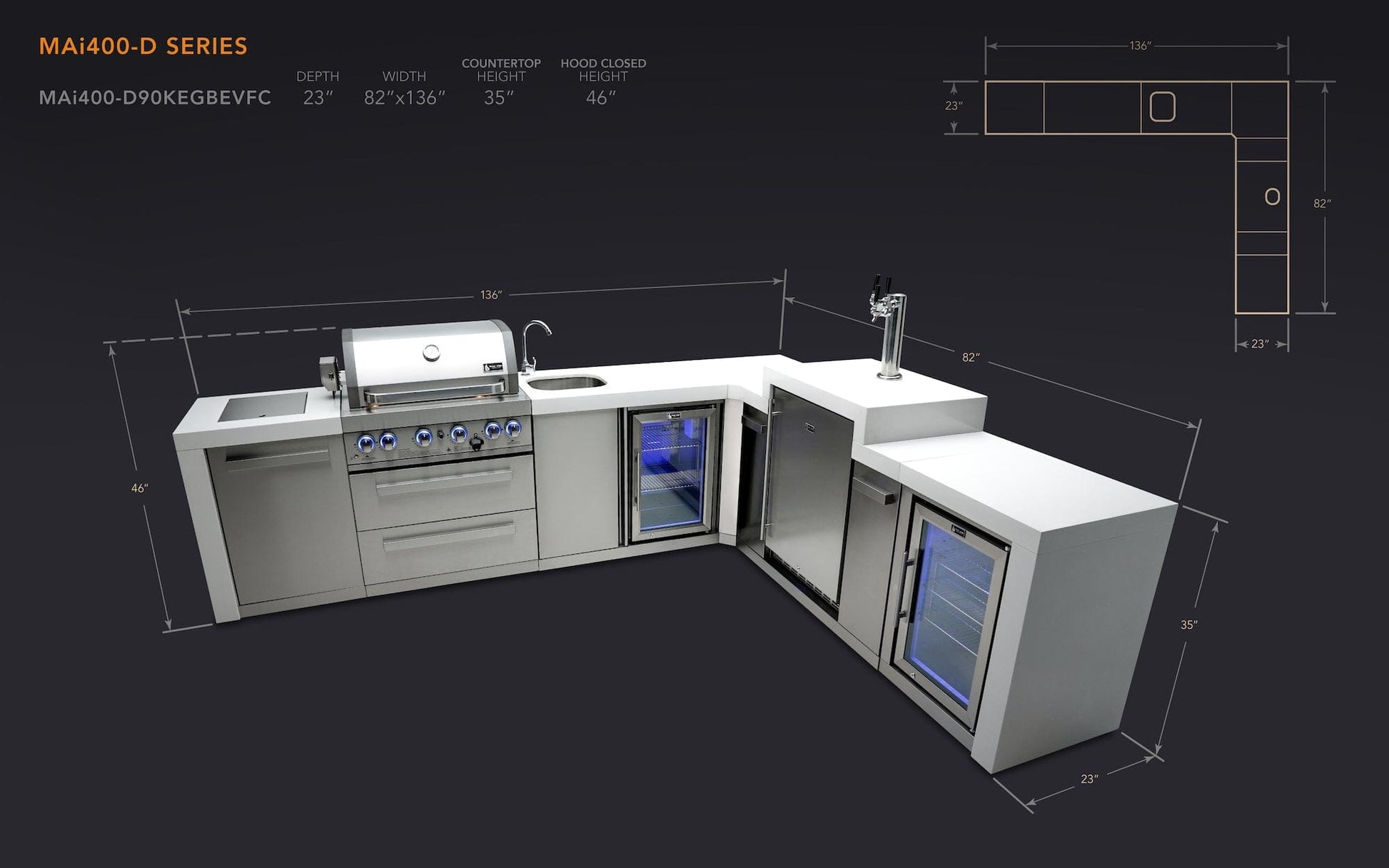 Mont Alpi Islands Mont Alpi 400 Deluxe Island with Beverage Center + 90 Degree Corner + Kegerator + Fridge Cabinet / 4-Burner Grill, 2 Infrared Burners, Sink, 2 Fridges, Waterfall Sides, Stainless Steel / MAi400-D90KEGBEVFC