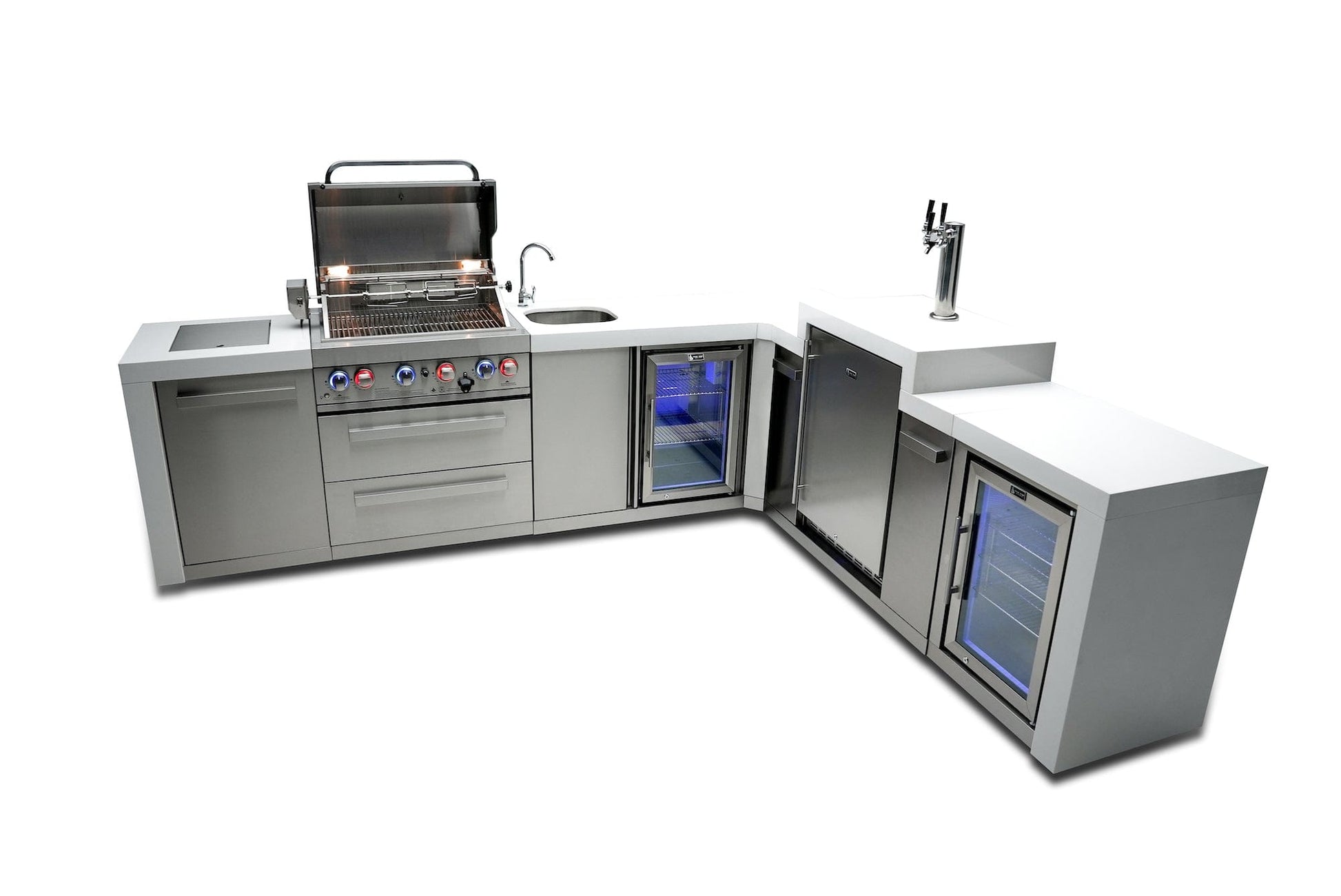 Mont Alpi Islands Mont Alpi 400 Deluxe Island with Beverage Center + 90 Degree Corner + Kegerator + Fridge Cabinet / 4-Burner Grill, 2 Infrared Burners, Sink, 2 Fridges, Waterfall Sides, Stainless Steel / MAi400-D90KEGBEVFC