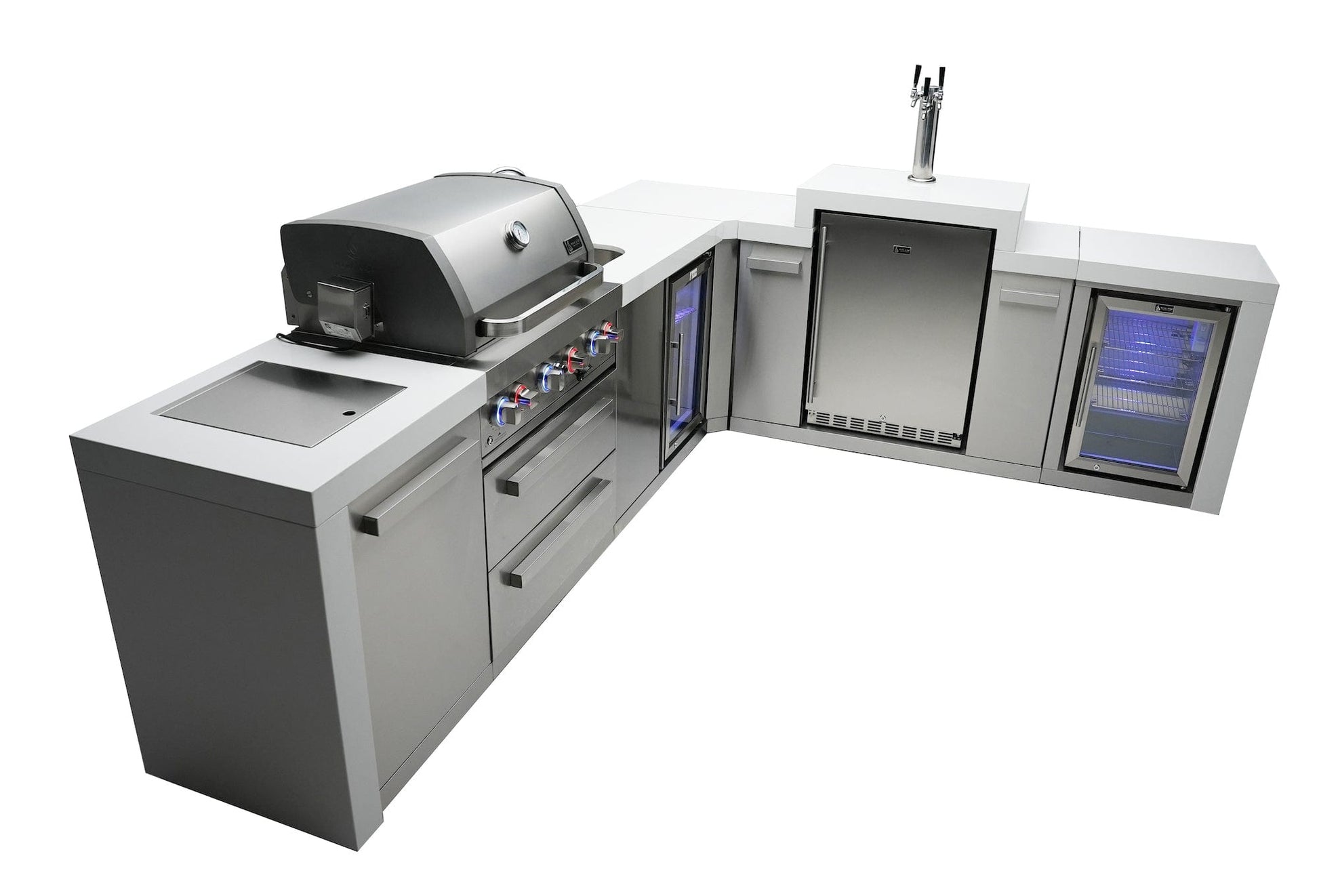 Mont Alpi Islands Mont Alpi 400 Deluxe Island with Beverage Center + 90 Degree Corner + Kegerator + Fridge Cabinet / 4-Burner Grill, 2 Infrared Burners, Sink, 2 Fridges, Waterfall Sides, Stainless Steel / MAi400-D90KEGBEVFC