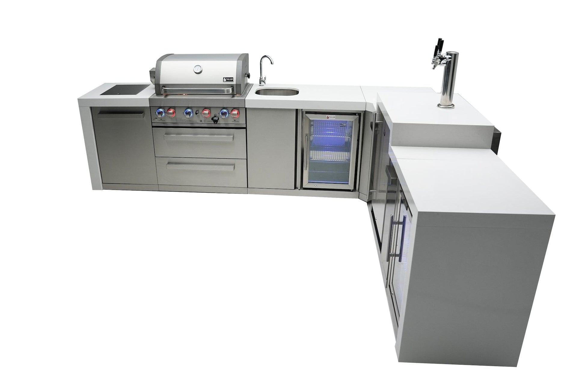 Mont Alpi Islands Mont Alpi 400 Deluxe Island with Beverage Center + 90 Degree Corner + Kegerator + Fridge Cabinet / 4-Burner Grill, 2 Infrared Burners, Sink, 2 Fridges, Waterfall Sides, Stainless Steel / MAi400-D90KEGBEVFC