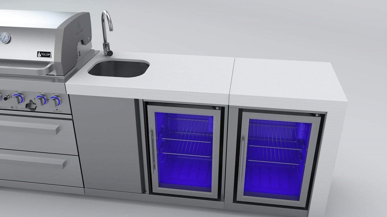 Mont Alpi Islands Mont Alpi 400 Deluxe Island with Beverage Center + Fridge Cabinet / 4-Burner Grill, 2 Infrared Burners, Sink, 2 Fridges, Stainless Steel / MAi400-DBEVFC