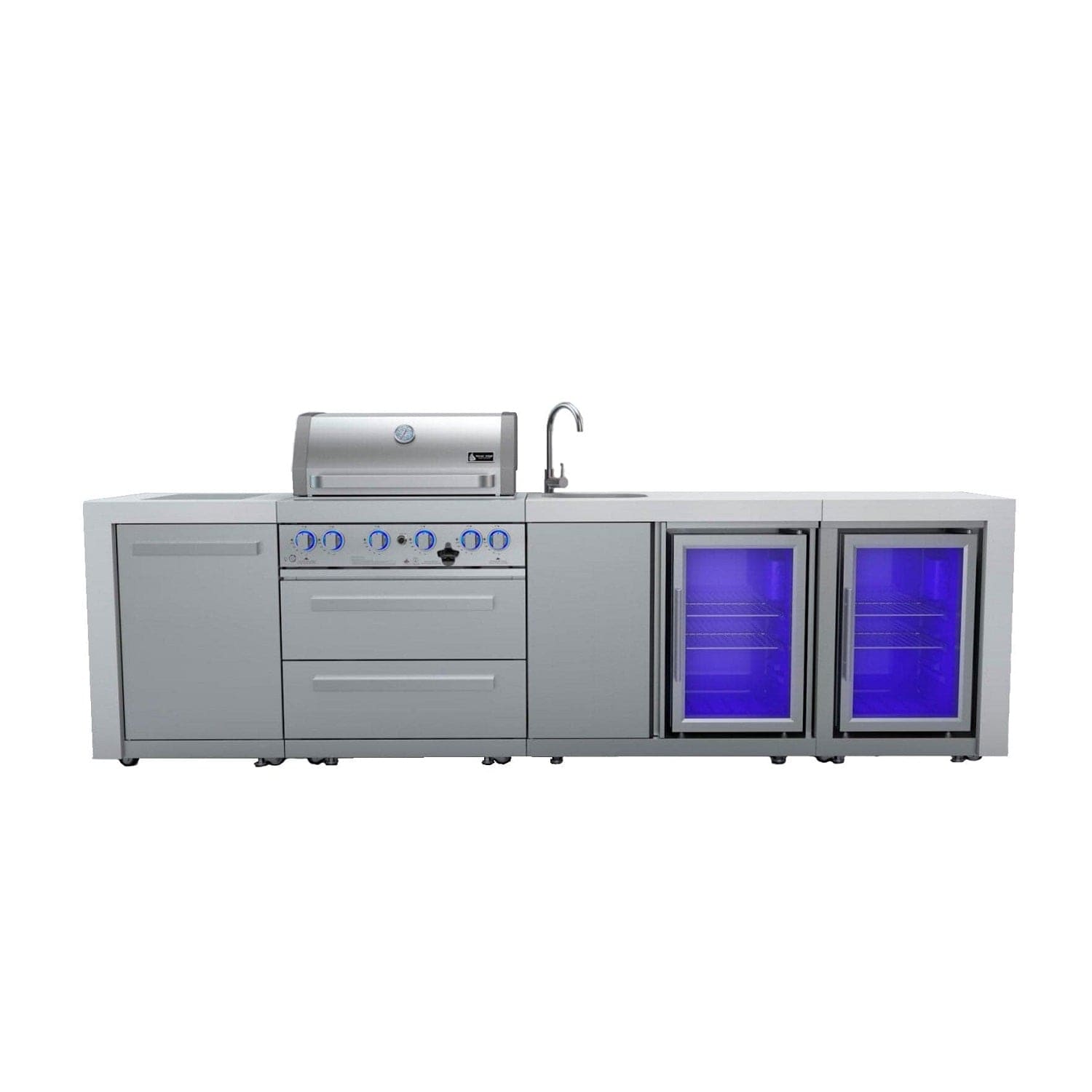 Mont Alpi Islands Mont Alpi 400 Deluxe Island with Beverage Center + Fridge Cabinet / 4-Burner Grill, 2 Infrared Burners, Sink, 2 Fridges, Stainless Steel / MAi400-DBEVFC