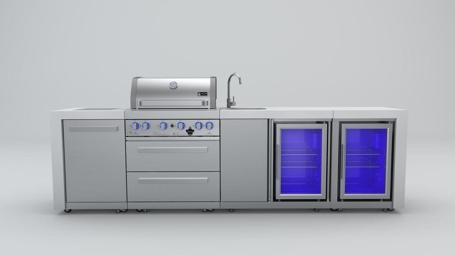 Mont Alpi Islands Mont Alpi 400 Deluxe Island with Beverage Center + Fridge Cabinet / 4-Burner Grill, 2 Infrared Burners, Sink, 2 Fridges, Stainless Steel / MAi400-DBEVFC