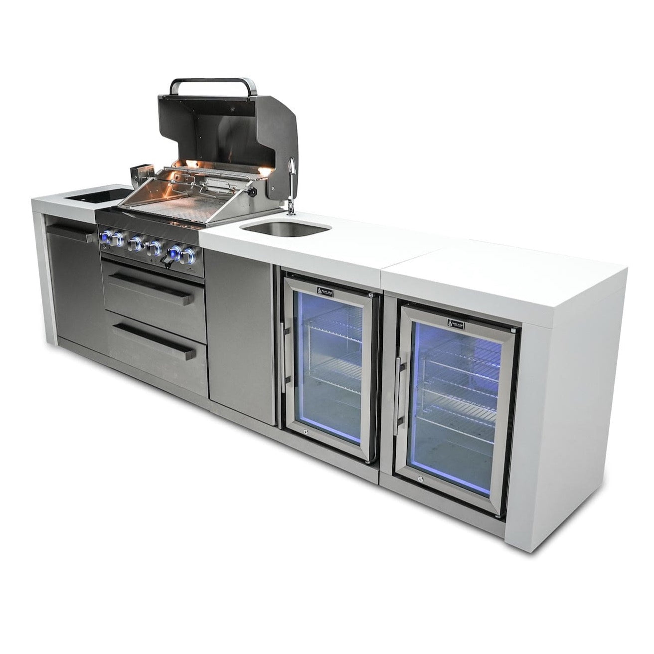 Mont Alpi Islands Mont Alpi 400 Deluxe Island with Beverage Center + Fridge Cabinet / 4-Burner Grill, 2 Infrared Burners, Sink, 2 Fridges, Stainless Steel / MAi400-DBEVFC