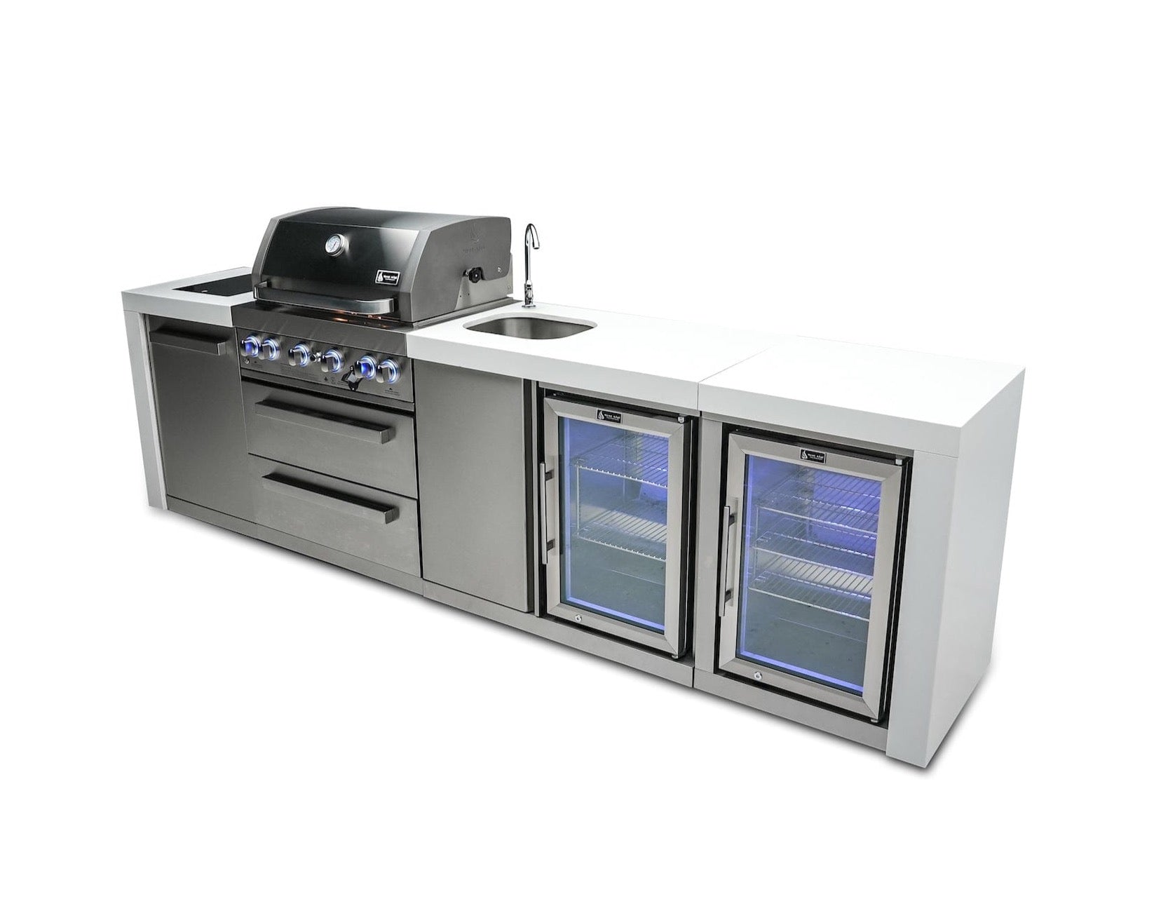 Mont Alpi Islands Mont Alpi 400 Deluxe Island with Beverage Center + Fridge Cabinet / 4-Burner Grill, 2 Infrared Burners, Sink, 2 Fridges, Stainless Steel / MAi400-DBEVFC