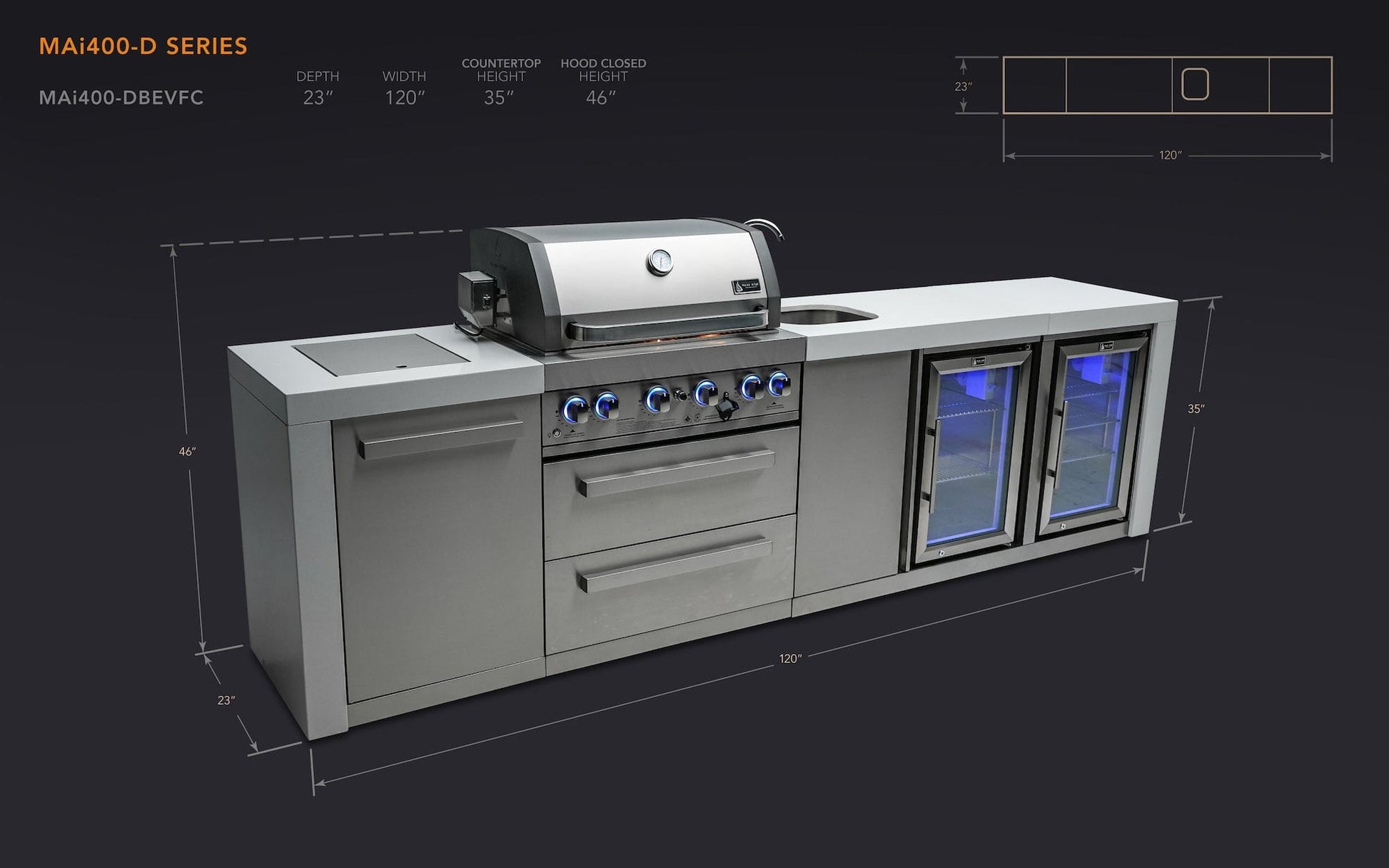 Mont Alpi Islands Mont Alpi 400 Deluxe Island with Beverage Center + Fridge Cabinet / 4-Burner Grill, 2 Infrared Burners, Sink, 2 Fridges, Stainless Steel / MAi400-DBEVFC