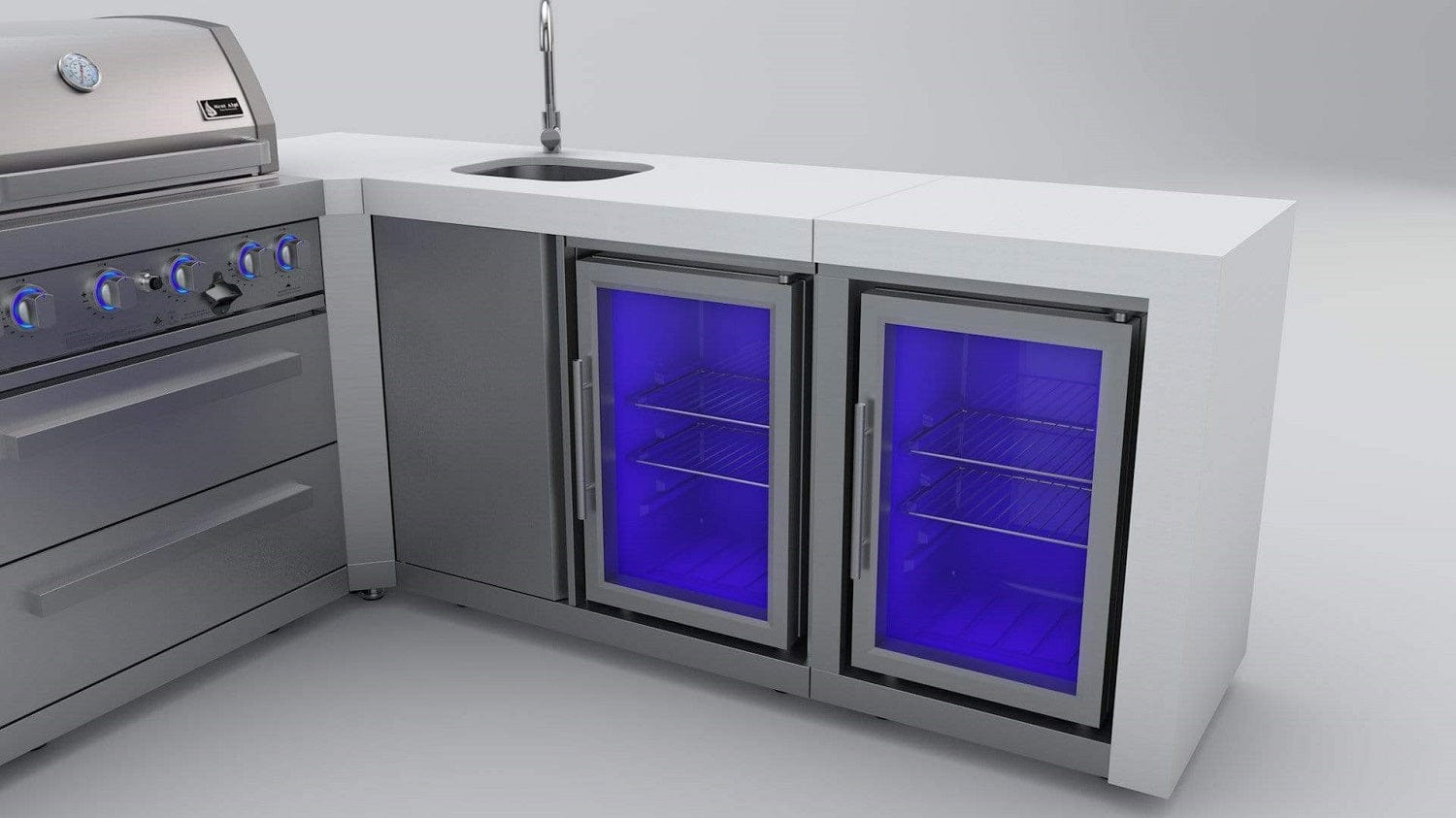 Mont Alpi Islands Mont Alpi 400 Deluxe Island with Beverage Center + Fridge Cabinet + 90 Degree Corner / 4-Burner Grill, 2 Infrared Burners, Sink, 2 Fridges / MAi400-DBEV90FC