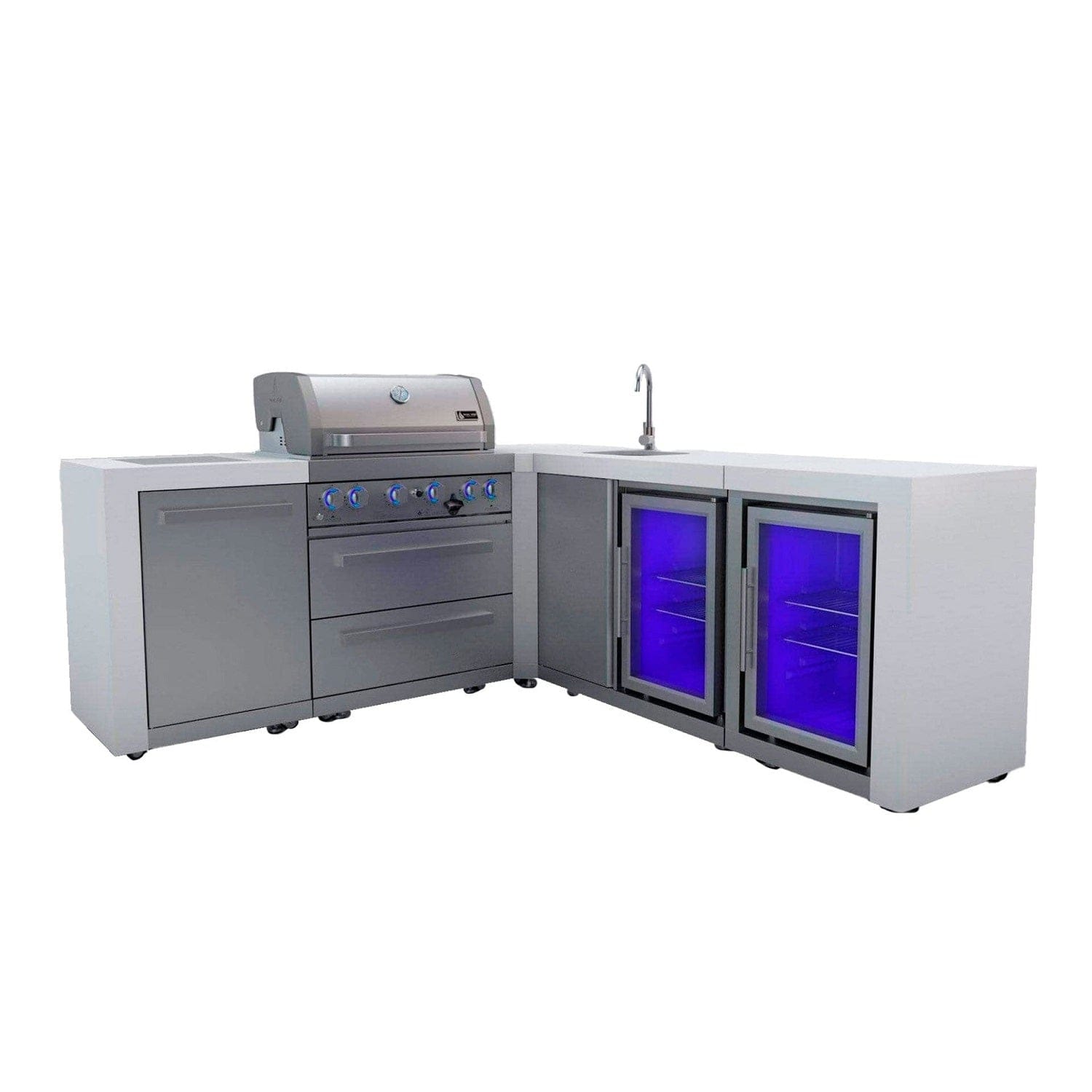 Mont Alpi Islands Mont Alpi 400 Deluxe Island with Beverage Center + Fridge Cabinet + 90 Degree Corner / 4-Burner Grill, 2 Infrared Burners, Sink, 2 Fridges / MAi400-DBEV90FC