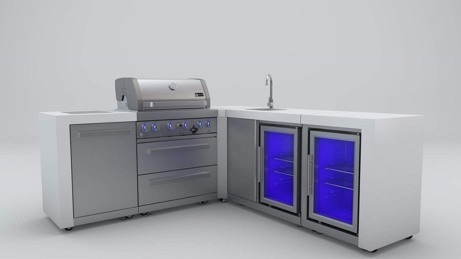 Mont Alpi Islands Mont Alpi 400 Deluxe Island with Beverage Center + Fridge Cabinet + 90 Degree Corner / 4-Burner Grill, 2 Infrared Burners, Sink, 2 Fridges / MAi400-DBEV90FC