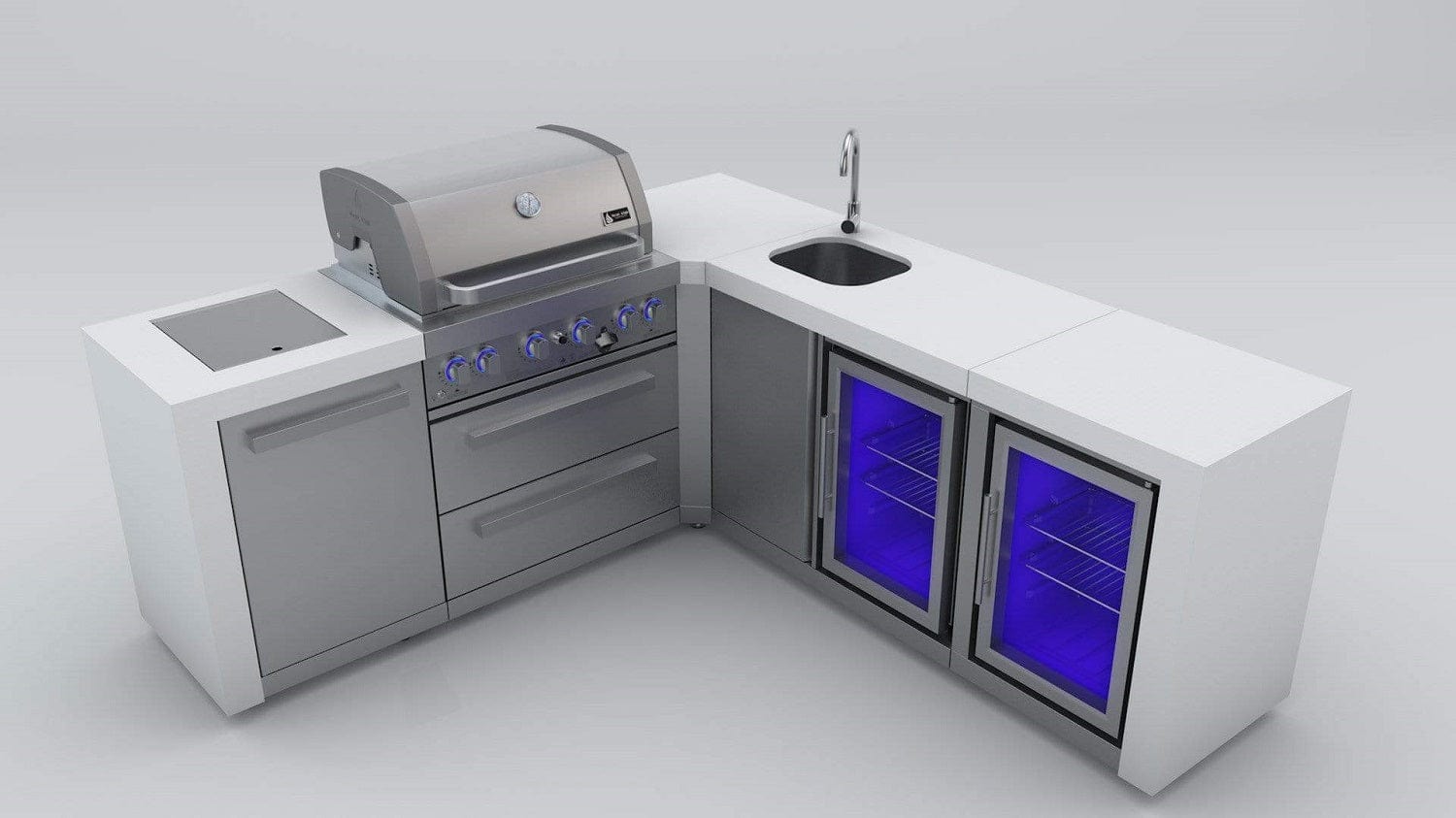 Mont Alpi Islands Mont Alpi 400 Deluxe Island with Beverage Center + Fridge Cabinet + 90 Degree Corner / 4-Burner Grill, 2 Infrared Burners, Sink, 2 Fridges / MAi400-DBEV90FC