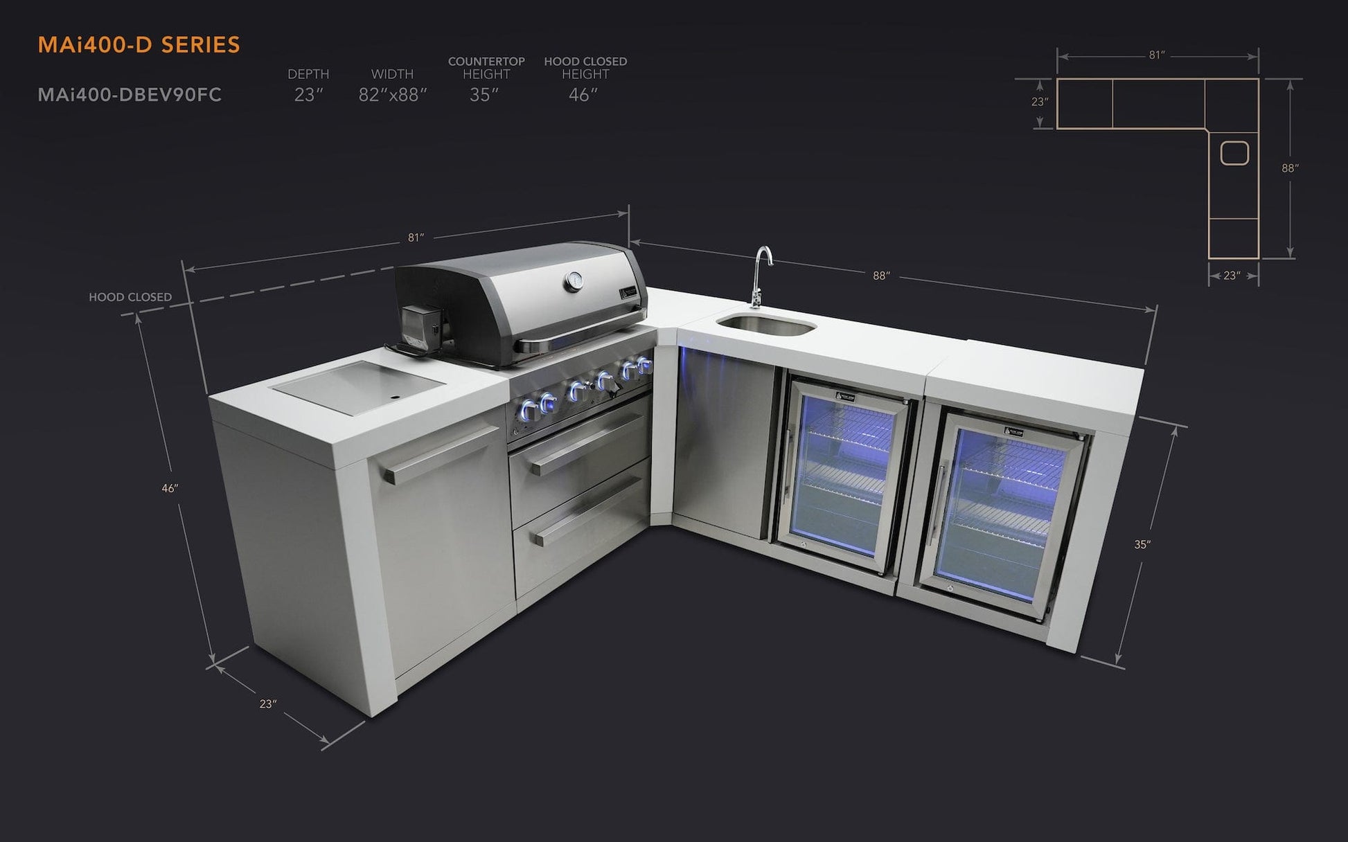 Mont Alpi Islands Mont Alpi 400 Deluxe Island with Beverage Center + Fridge Cabinet + 90 Degree Corner / 4-Burner Grill, 2 Infrared Burners, Sink, 2 Fridges / MAi400-DBEV90FC