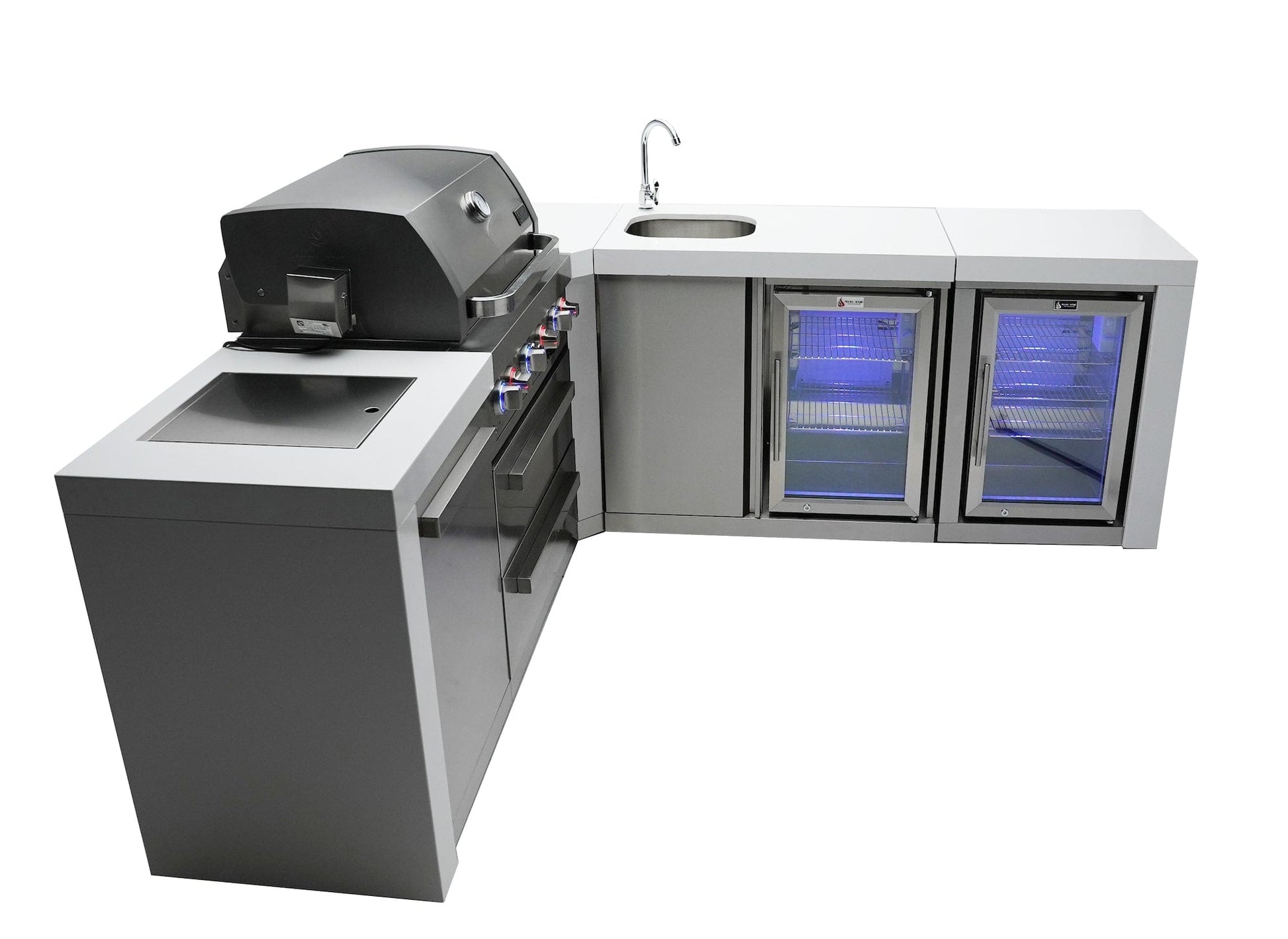 Mont Alpi Islands Mont Alpi 400 Deluxe Island with Beverage Center + Fridge Cabinet + 90 Degree Corner / 4-Burner Grill, 2 Infrared Burners, Sink, 2 Fridges / MAi400-DBEV90FC