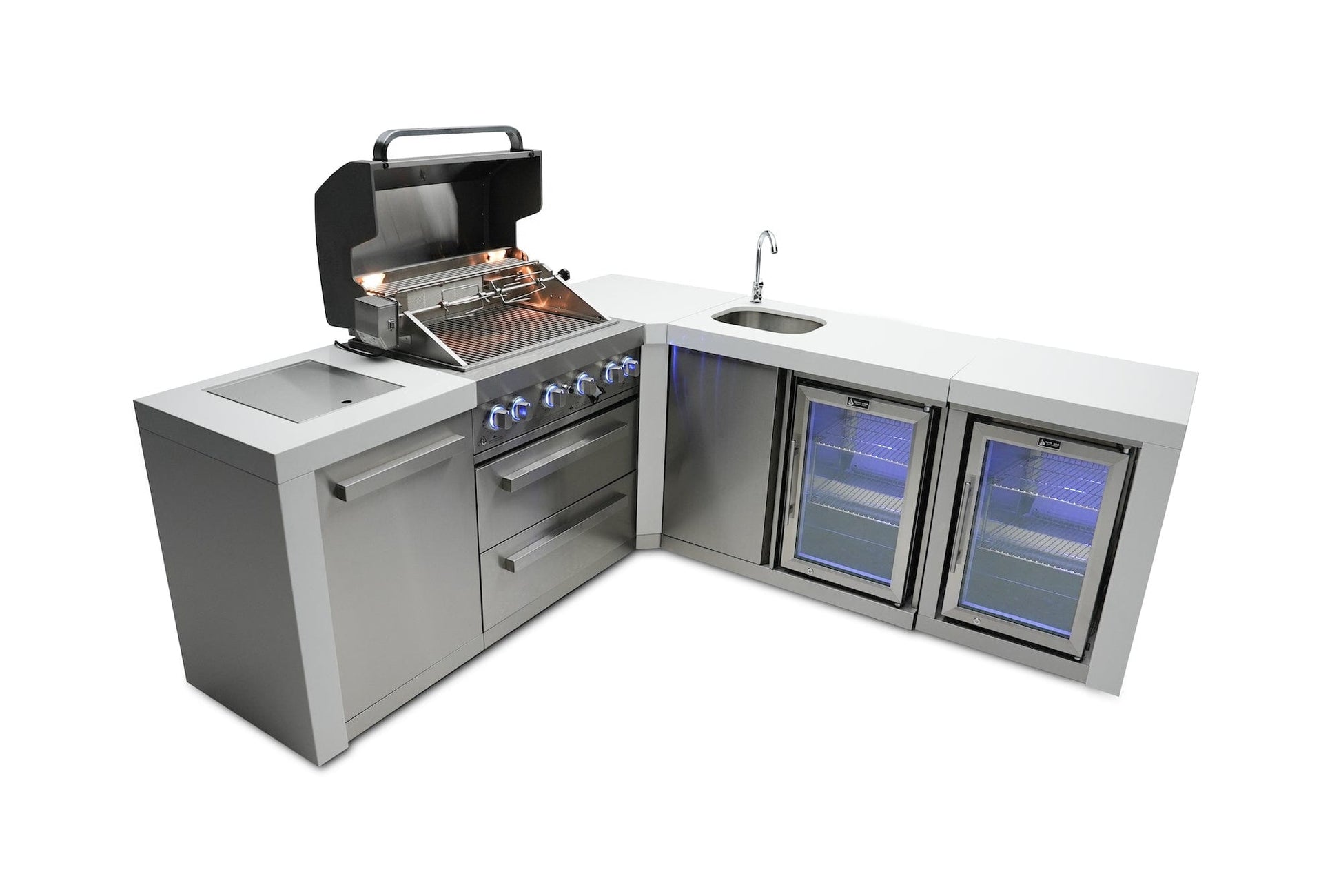 Mont Alpi Islands Mont Alpi 400 Deluxe Island with Beverage Center + Fridge Cabinet + 90 Degree Corner / 4-Burner Grill, 2 Infrared Burners, Sink, 2 Fridges / MAi400-DBEV90FC