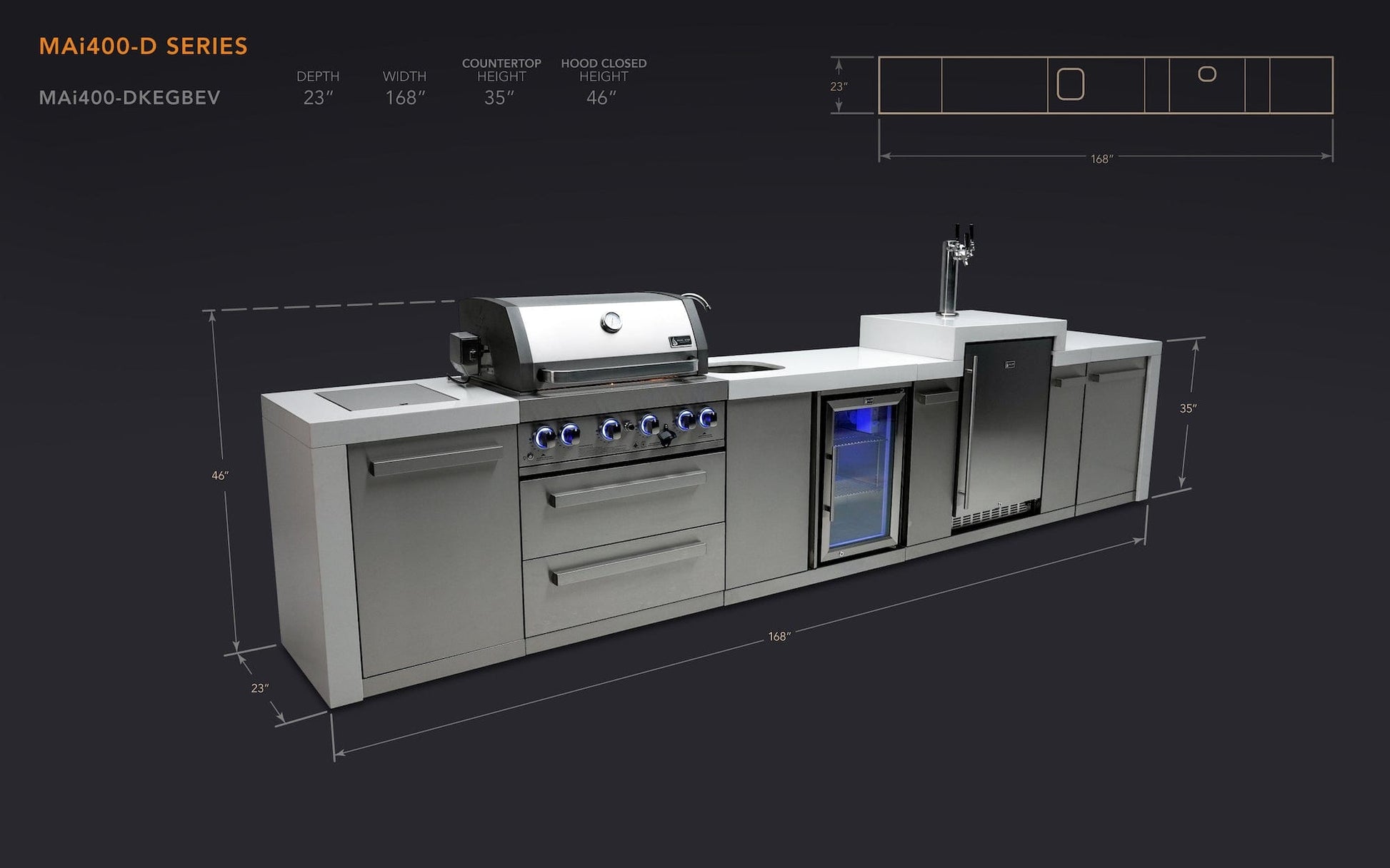 Mont Alpi Islands Mont Alpi 400 Deluxe Island with Beverage Center + Kegerator / 4-Burner Grill, 2 Infrared Burners, Sink, Fridge, Stainless Steel / MAi400-DKEGBEV