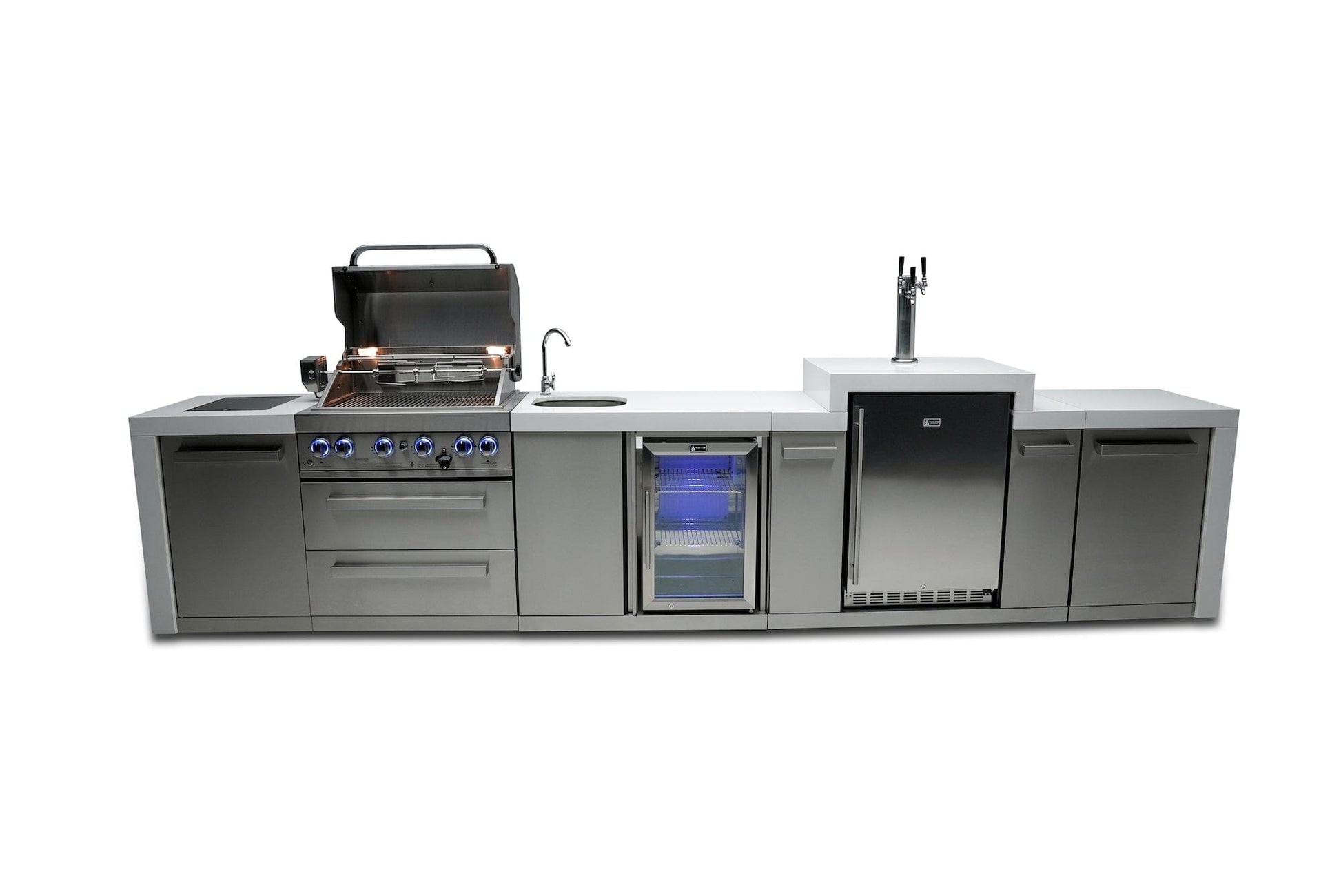 Mont Alpi Islands Mont Alpi 400 Deluxe Island with Beverage Center + Kegerator / 4-Burner Grill, 2 Infrared Burners, Sink, Fridge, Stainless Steel / MAi400-DKEGBEV