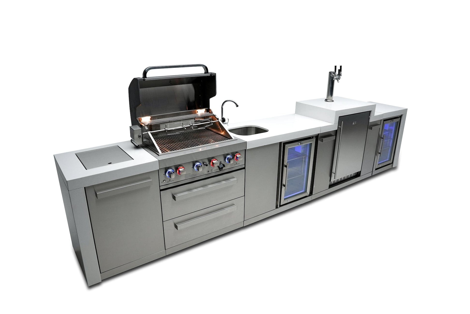 Mont Alpi Islands Mont Alpi 400 Deluxe Island with Beverage Center + Kegerator + Fridge Cabinet / 4-Burner Grill, 2 Infrared Burners, Sink, 2 Fridges, Waterfall Sides, Stainless Steel / MAi400-DKEGBEVFC