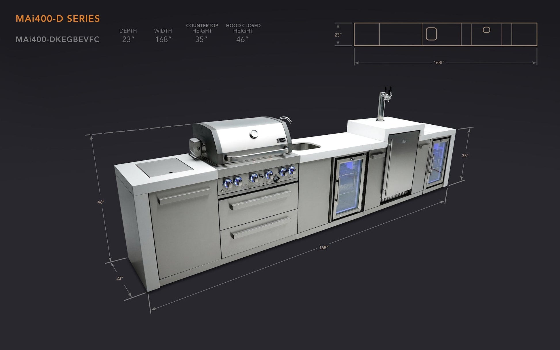 Mont Alpi Islands Mont Alpi 400 Deluxe Island with Beverage Center + Kegerator + Fridge Cabinet / 4-Burner Grill, 2 Infrared Burners, Sink, 2 Fridges, Waterfall Sides, Stainless Steel / MAi400-DKEGBEVFC