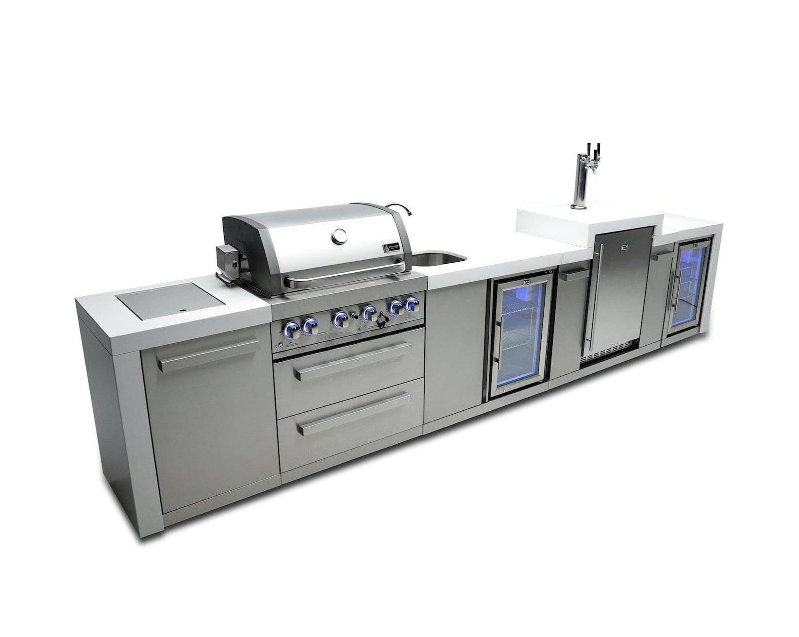 Mont Alpi Islands Mont Alpi 400 Deluxe Island with Beverage Center + Kegerator + Fridge Cabinet / 4-Burner Grill, 2 Infrared Burners, Sink, 2 Fridges, Waterfall Sides, Stainless Steel / MAi400-DKEGBEVFC