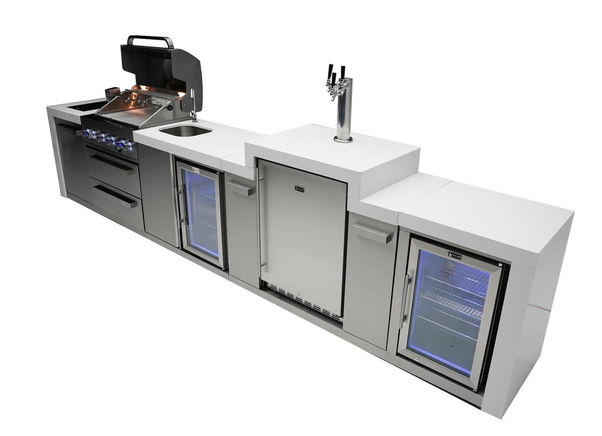 Mont Alpi Islands Mont Alpi 400 Deluxe Island with Beverage Center + Kegerator + Fridge Cabinet / 4-Burner Grill, 2 Infrared Burners, Sink, 2 Fridges, Waterfall Sides, Stainless Steel / MAi400-DKEGBEVFC
