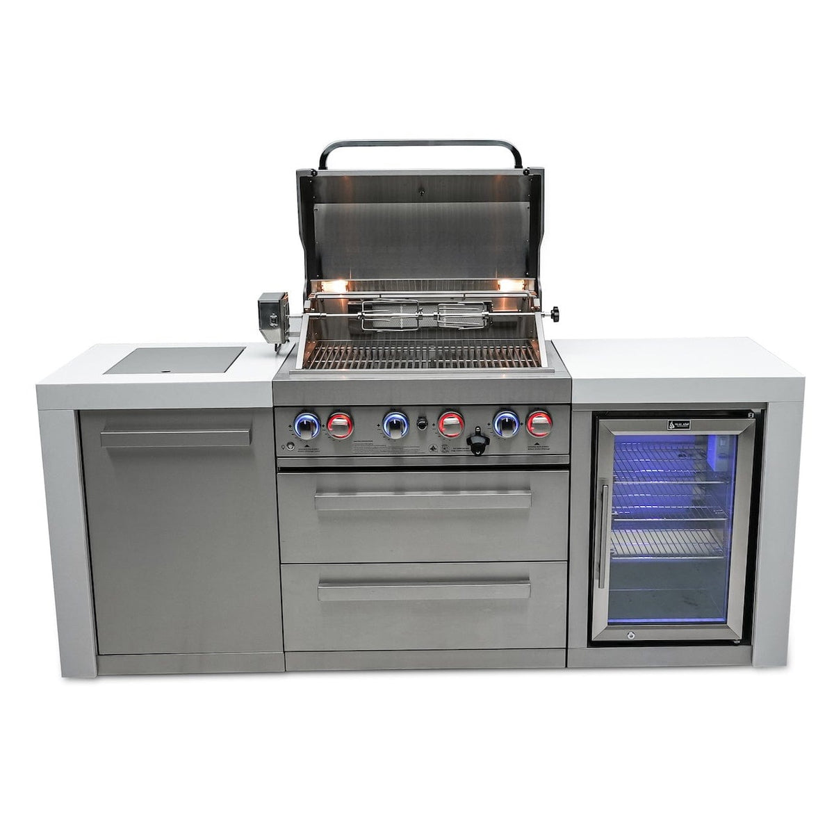 Mont Alpi Islands Mont Alpi 400 Deluxe Island with Fridge Cabinet / 4-Burner Grill, 2 Infrared Burners, Fridge, Stainless Steel, Waterfall Sides / MAi400-DFC