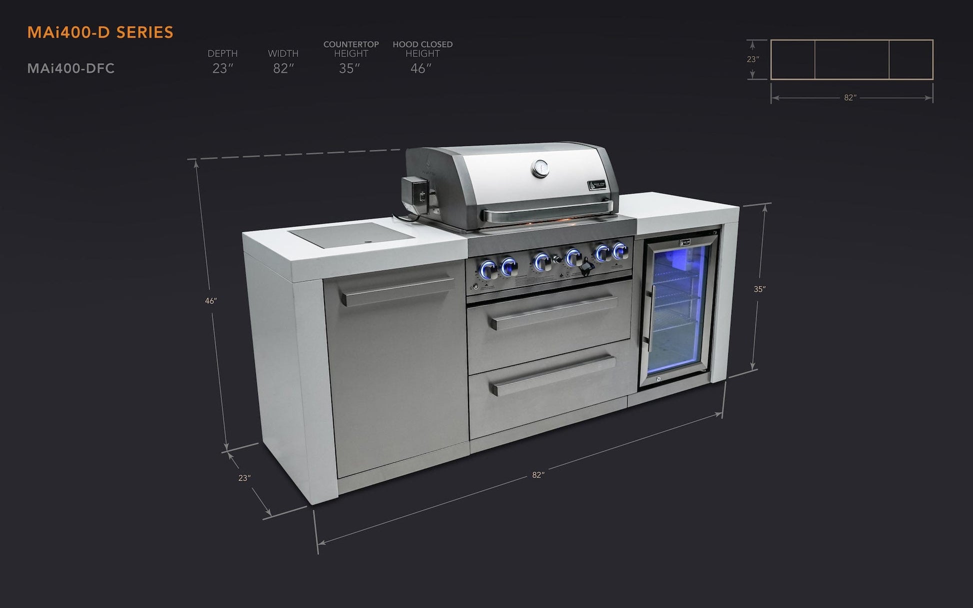Mont Alpi Islands Mont Alpi 400 Deluxe Island with Fridge Cabinet / 4-Burner Grill, 2 Infrared Burners, Fridge, Stainless Steel, Waterfall Sides / MAi400-DFC