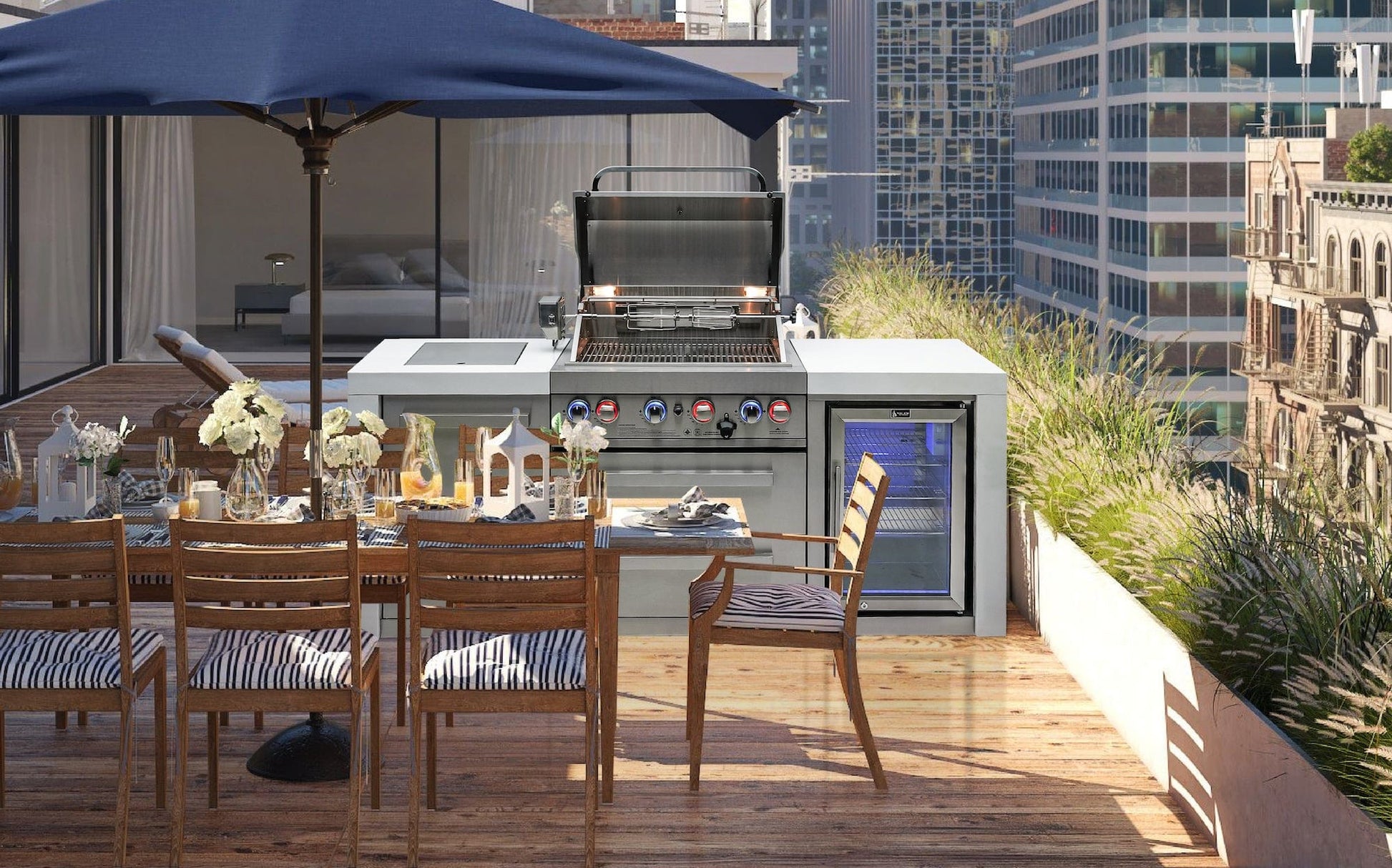 Mont Alpi Islands Mont Alpi 400 Deluxe Island with Fridge Cabinet / 4-Burner Grill, 2 Infrared Burners, Fridge, Stainless Steel, Waterfall Sides / MAi400-DFC