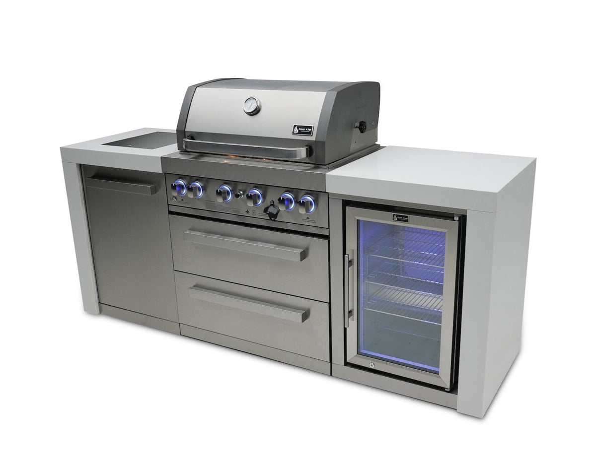 Mont Alpi Islands Mont Alpi 400 Deluxe Island with Fridge Cabinet / 4-Burner Grill, 2 Infrared Burners, Fridge, Stainless Steel, Waterfall Sides / MAi400-DFC