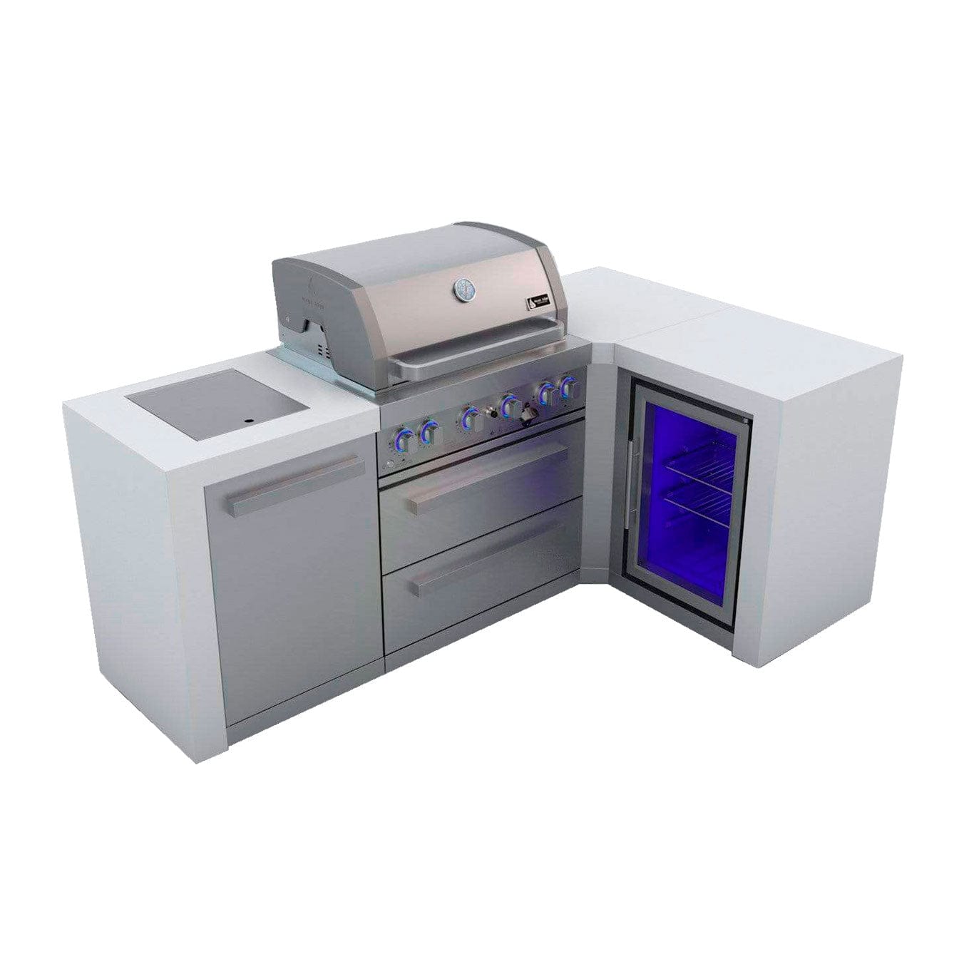 Mont Alpi Islands Mont Alpi 400 Deluxe Island with Fridge Cabinet + 90 Degree Corner / 4-Burner Grill, 2 Infrared Burners, Fridge, Stainless Steel / MAi400-D90FC