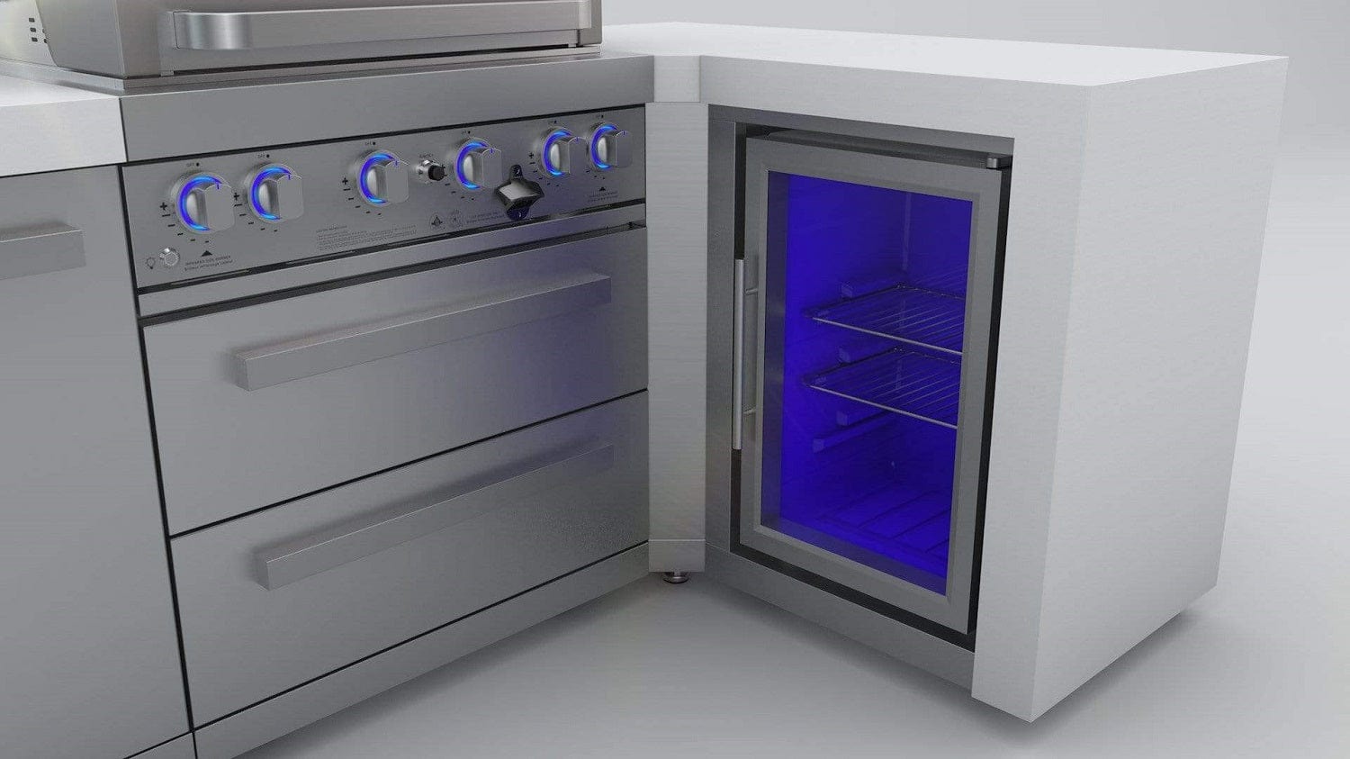 Mont Alpi Islands Mont Alpi 400 Deluxe Island with Fridge Cabinet + 90 Degree Corner / 4-Burner Grill, 2 Infrared Burners, Fridge, Stainless Steel / MAi400-D90FC