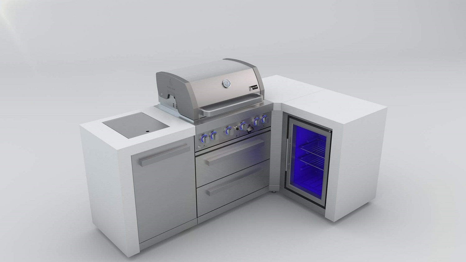Mont Alpi Islands Mont Alpi 400 Deluxe Island with Fridge Cabinet + 90 Degree Corner / 4-Burner Grill, 2 Infrared Burners, Fridge, Stainless Steel / MAi400-D90FC