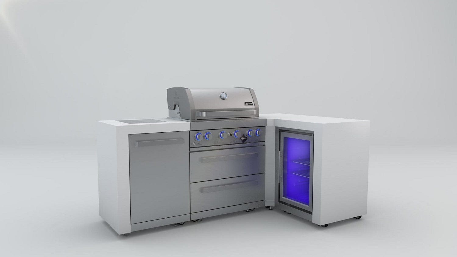 Mont Alpi Islands Mont Alpi 400 Deluxe Island with Fridge Cabinet + 90 Degree Corner / 4-Burner Grill, 2 Infrared Burners, Fridge, Stainless Steel / MAi400-D90FC