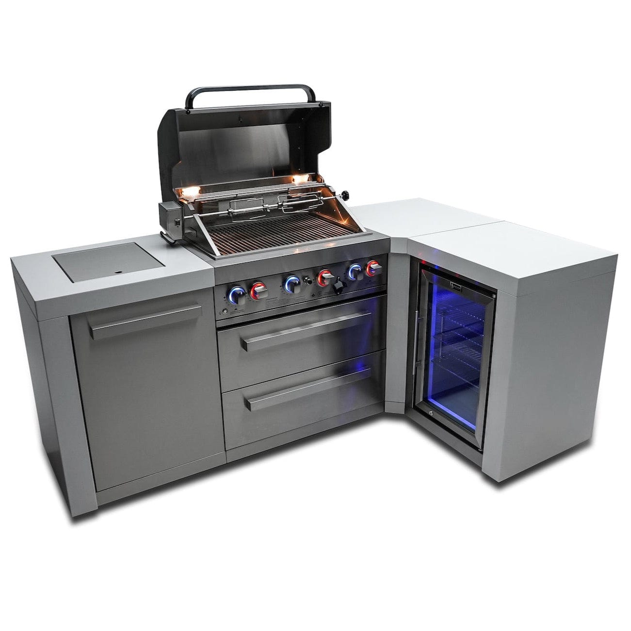 Mont Alpi Islands Mont Alpi 400 Deluxe Island with Fridge Cabinet + 90 Degree Corner / 4-Burner Grill, 2 Infrared Burners, Fridge, Stainless Steel / MAi400-D90FC