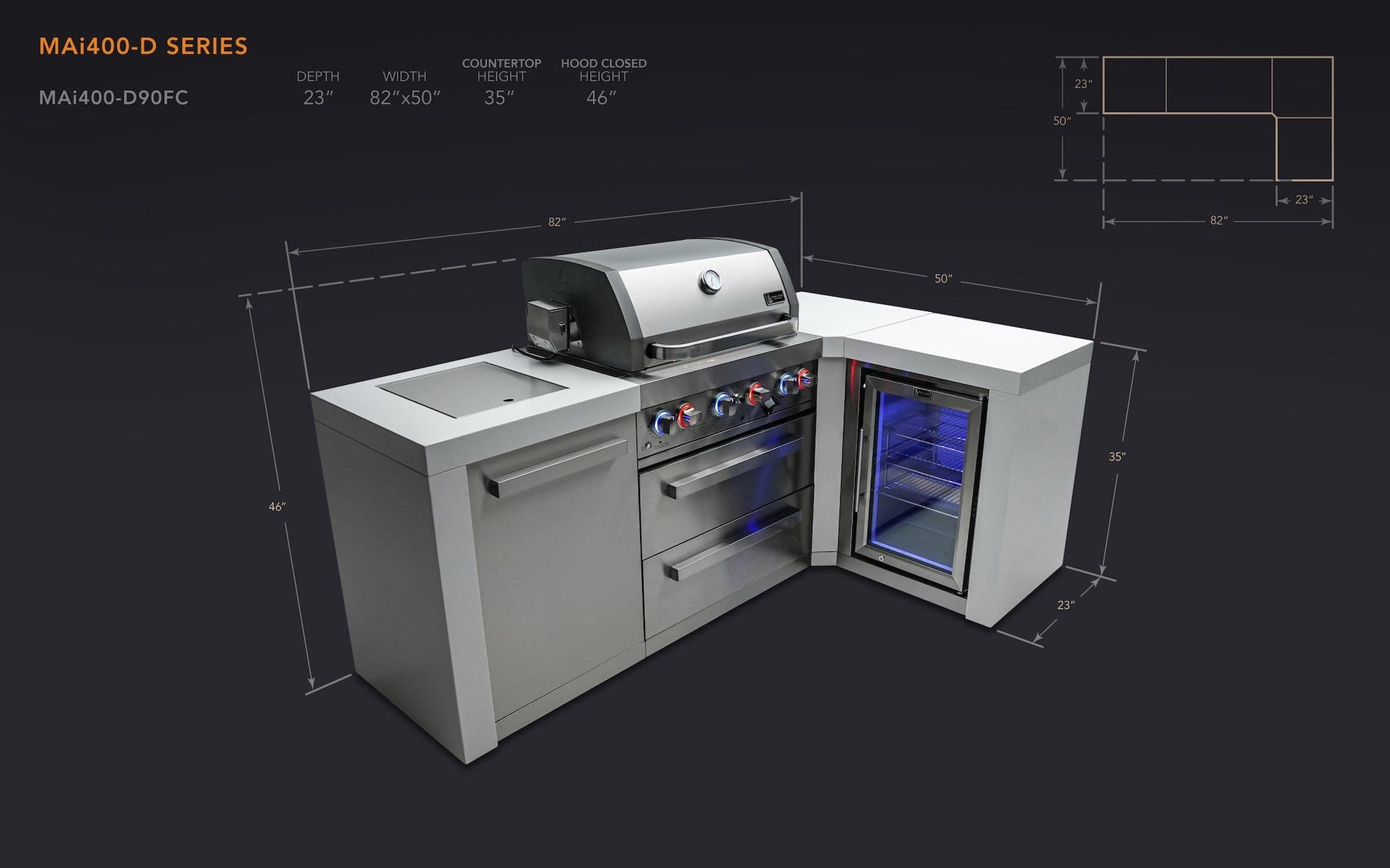 Mont Alpi Islands Mont Alpi 400 Deluxe Island with Fridge Cabinet + 90 Degree Corner / 4-Burner Grill, 2 Infrared Burners, Fridge, Stainless Steel / MAi400-D90FC