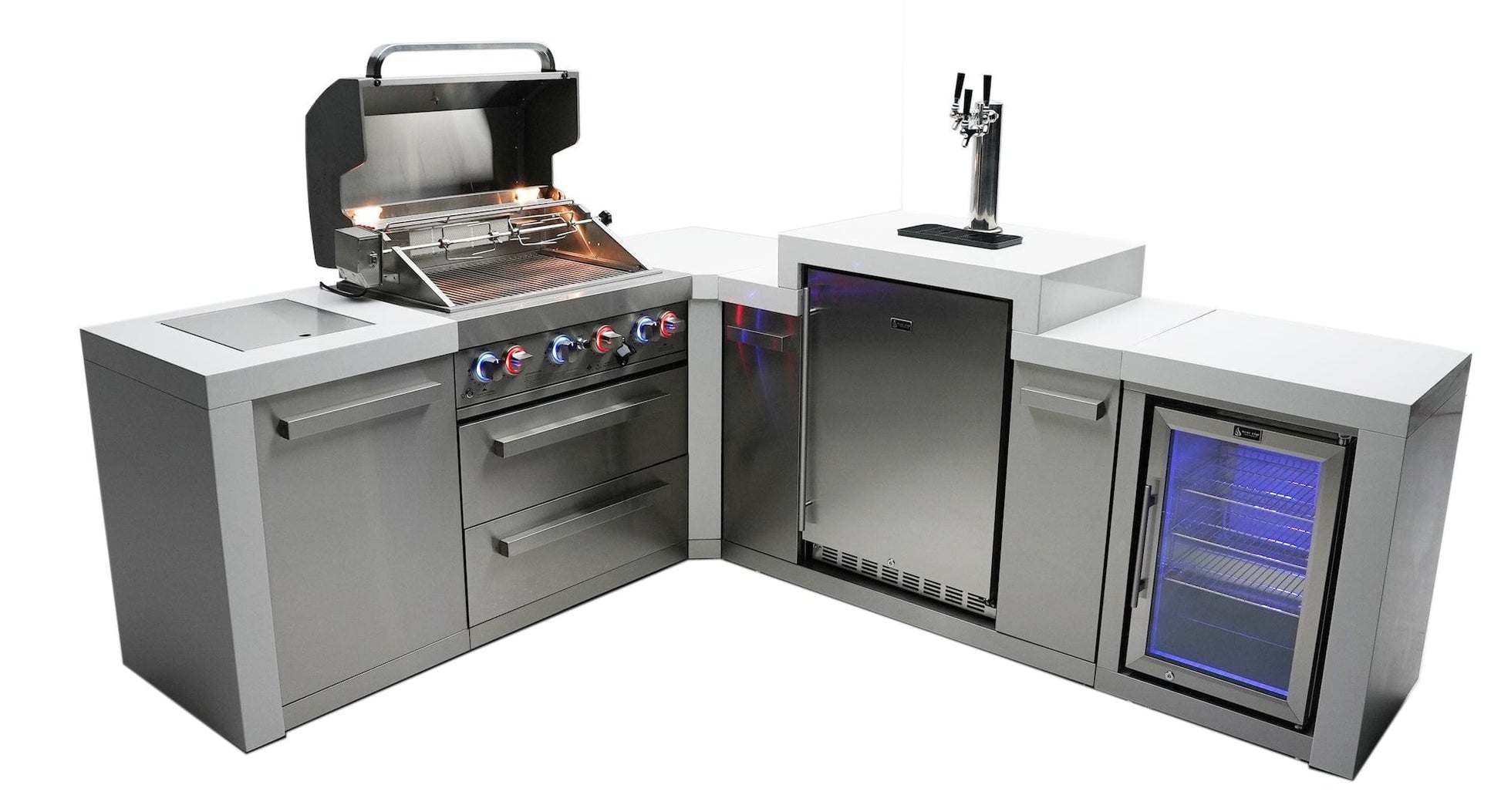 Mont Alpi Islands Mont Alpi 400 Deluxe Island with Fridge Cabinet + 90 Degree Corner + Kegerator / 4-Burner Grill, 2 Infrared Burners, Fridge, Stainless Steel / MAi400-D90KEGFC