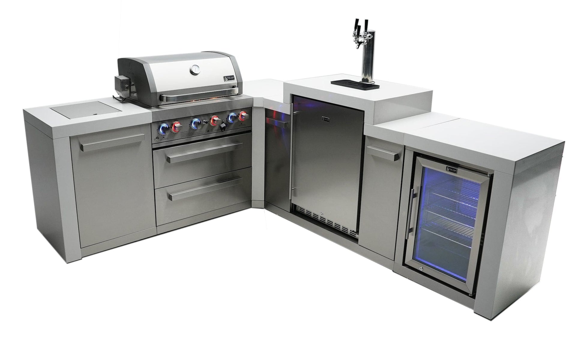Mont Alpi Islands Mont Alpi 400 Deluxe Island with Fridge Cabinet + 90 Degree Corner + Kegerator / 4-Burner Grill, 2 Infrared Burners, Fridge, Stainless Steel / MAi400-D90KEGFC