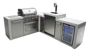 Mont Alpi Islands Mont Alpi 400 Deluxe Island with Fridge Cabinet + 90 Degree Corner + Kegerator / 4-Burner Grill, 2 Infrared Burners, Fridge, Stainless Steel / MAi400-D90KEGFC