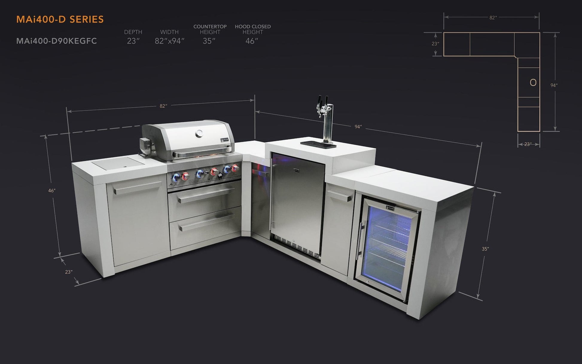 Mont Alpi Islands Mont Alpi 400 Deluxe Island with Fridge Cabinet + 90 Degree Corner + Kegerator / 4-Burner Grill, 2 Infrared Burners, Kegerator, 3 Taps, Fridge, Stainless Steel / MAi400-D90KEGFC
