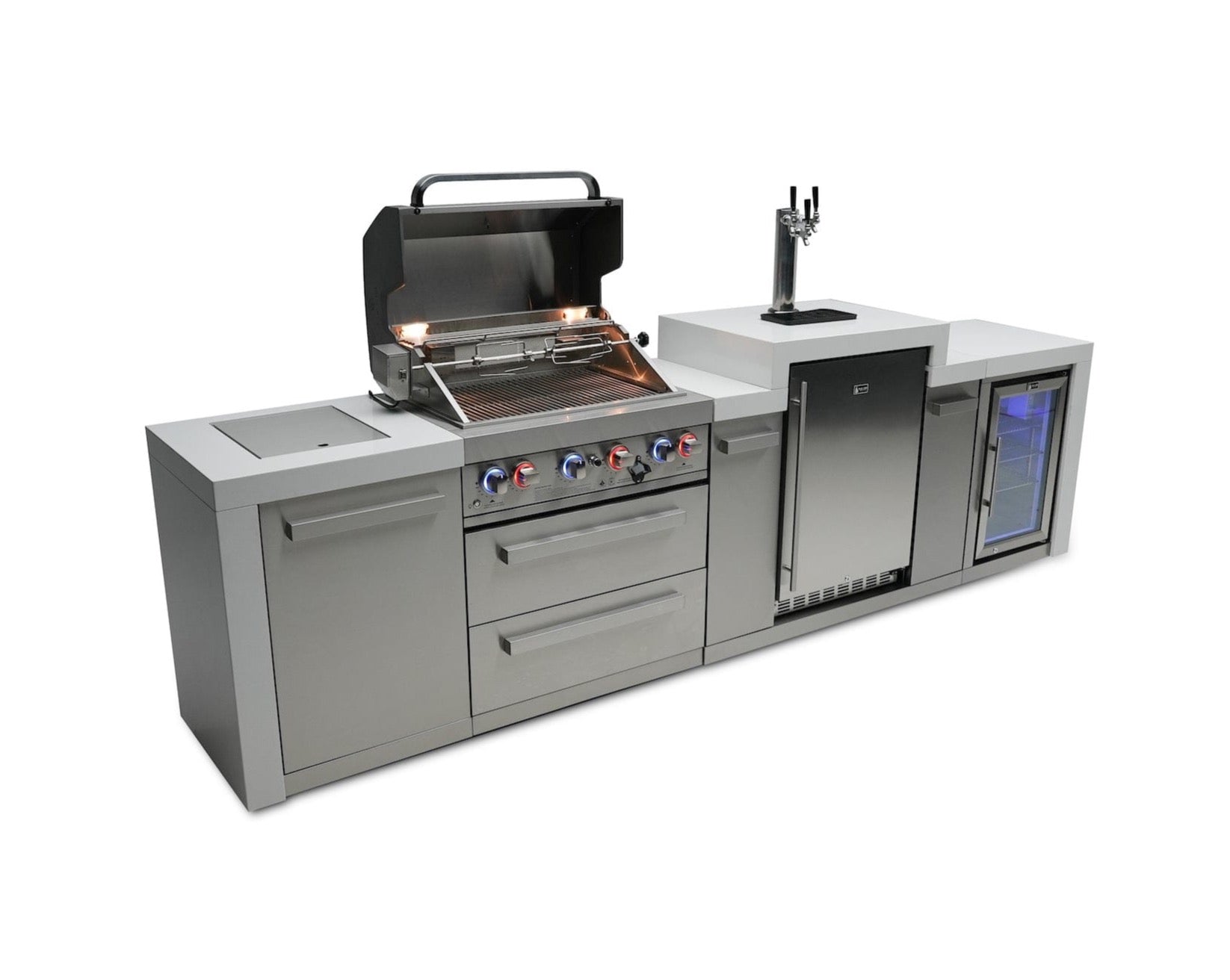 Mont Alpi Islands Mont Alpi 400 Deluxe Island with Fridge Cabinet + Kegerator / 4-Burner Grill, 2 Infrared Burners, Fridge, Waterfall Sides, Stainless Steel / MAi400-DKEGFC