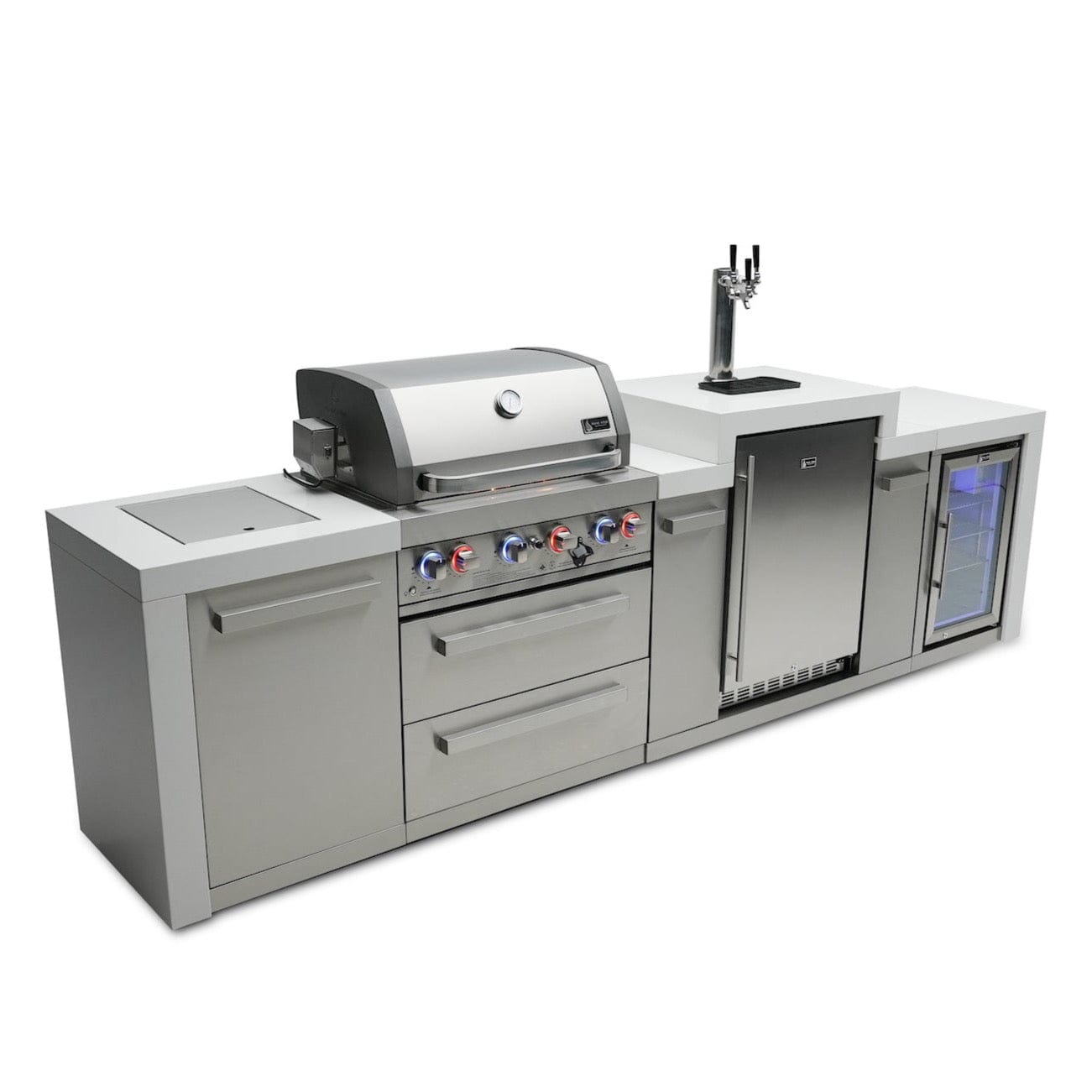 Mont Alpi Islands Mont Alpi 400 Deluxe Island with Fridge Cabinet + Kegerator / 4-Burner Grill, 2 Infrared Burners, Fridge, Waterfall Sides, Stainless Steel / MAi400-DKEGFC