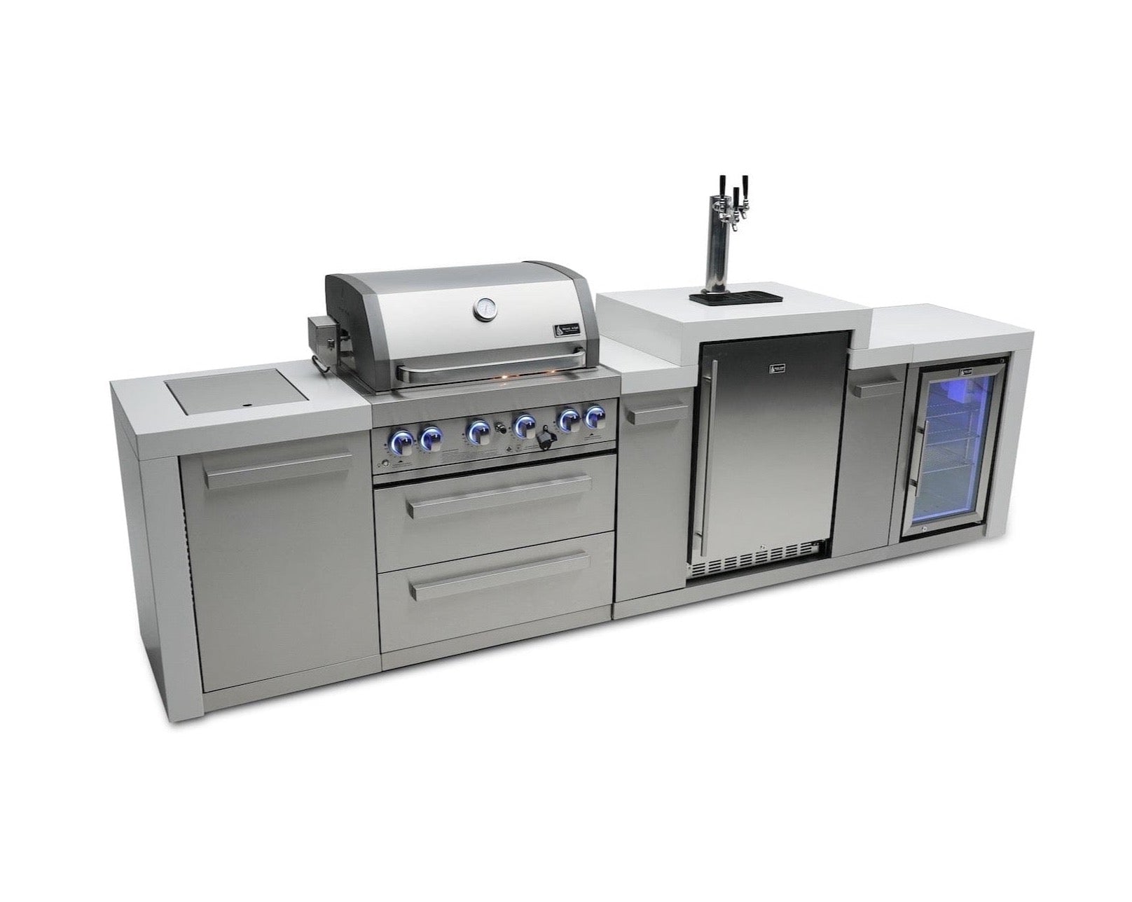Mont Alpi Islands Mont Alpi 400 Deluxe Island with Fridge Cabinet + Kegerator / 4-Burner Grill, 2 Infrared Burners, Fridge, Waterfall Sides, Stainless Steel / MAi400-DKEGFC