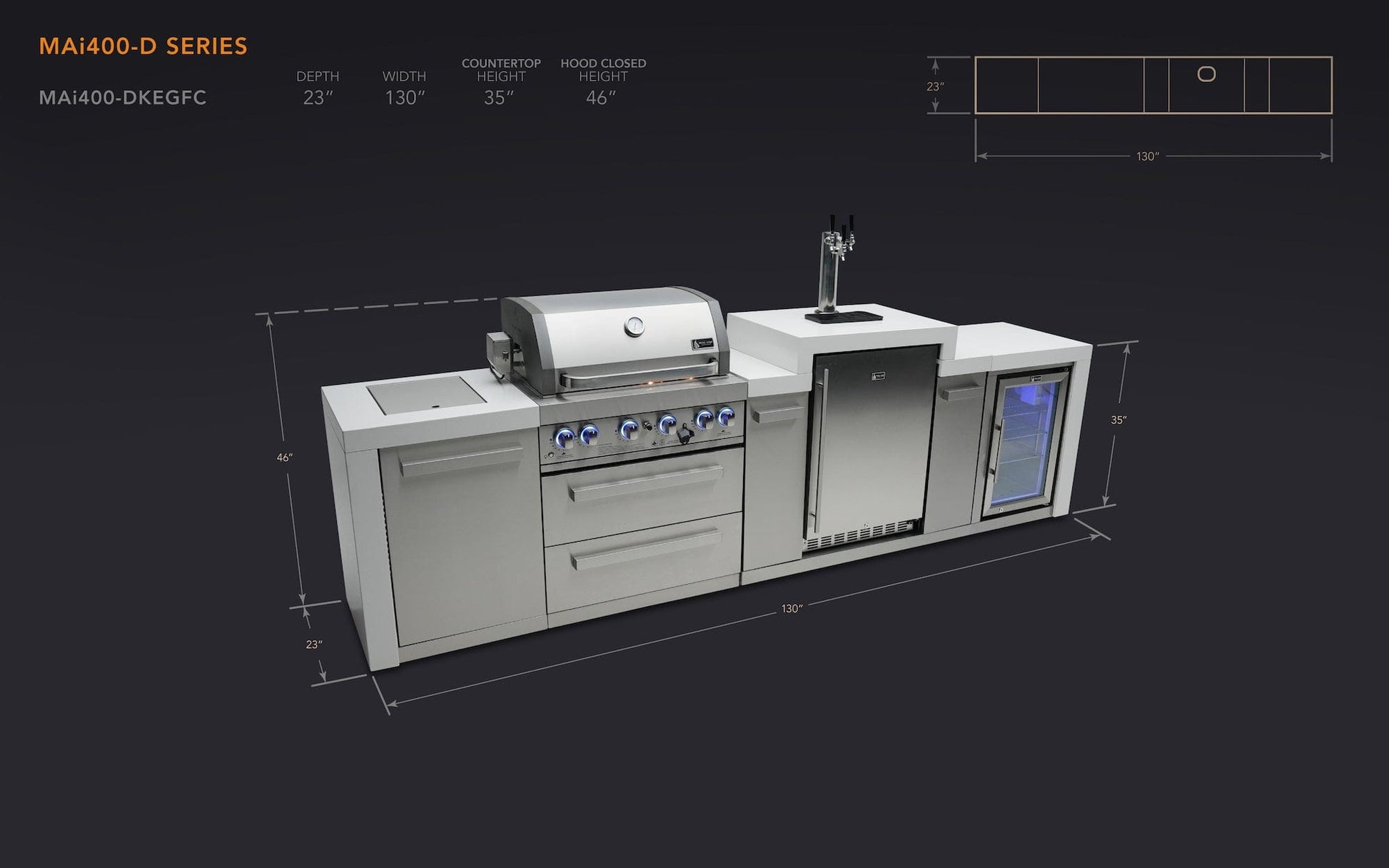Mont Alpi Islands Mont Alpi 400 Deluxe Island with Fridge Cabinet + Kegerator / 4-Burner Grill, 2 Infrared Burners, Fridge, Waterfall Sides, Stainless Steel / MAi400-DKEGFC