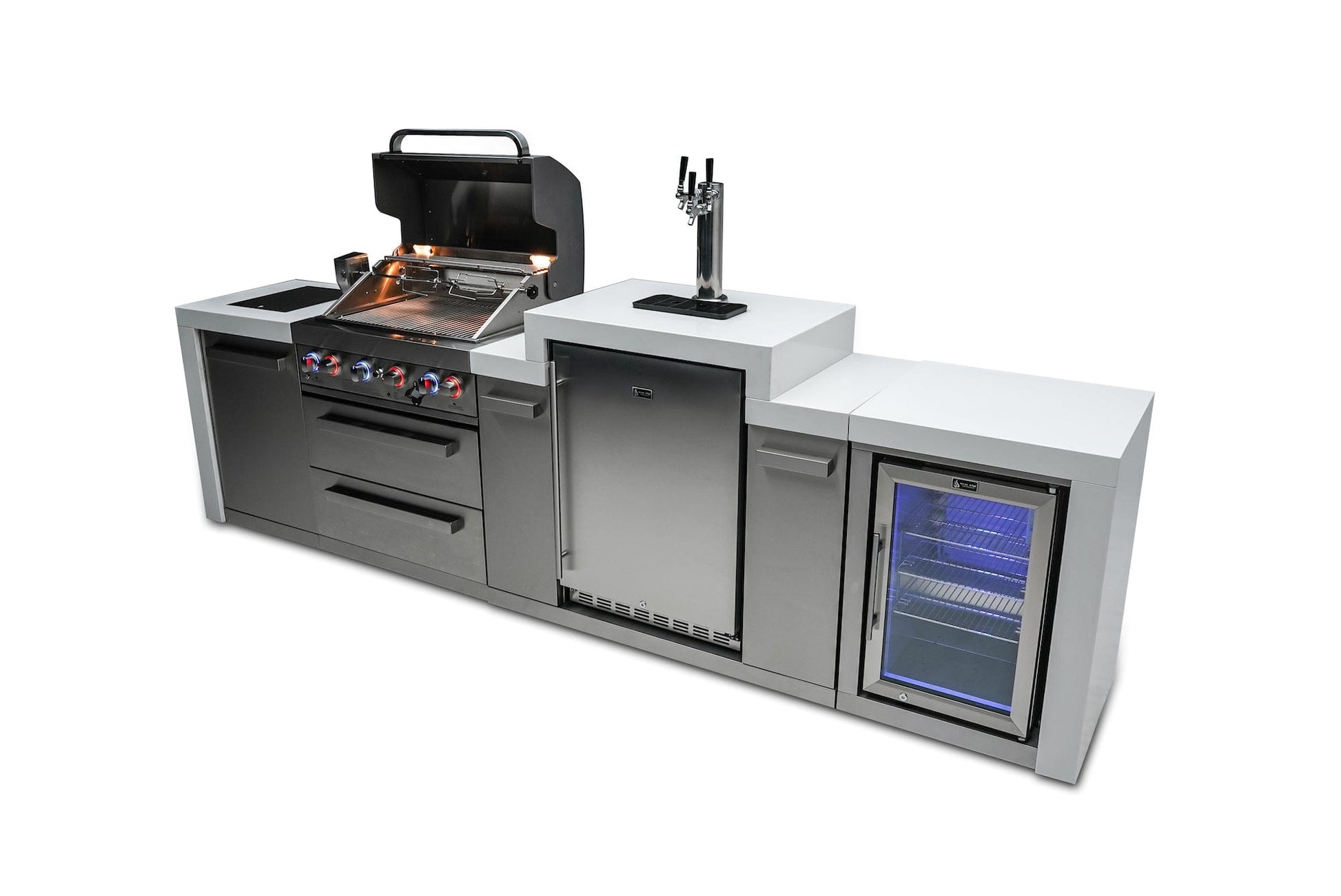 Mont Alpi Islands Mont Alpi 400 Deluxe Island with Fridge Cabinet + Kegerator / 4-Burner Grill, 2 Infrared Burners, Fridge, Waterfall Sides, Stainless Steel / MAi400-DKEGFC