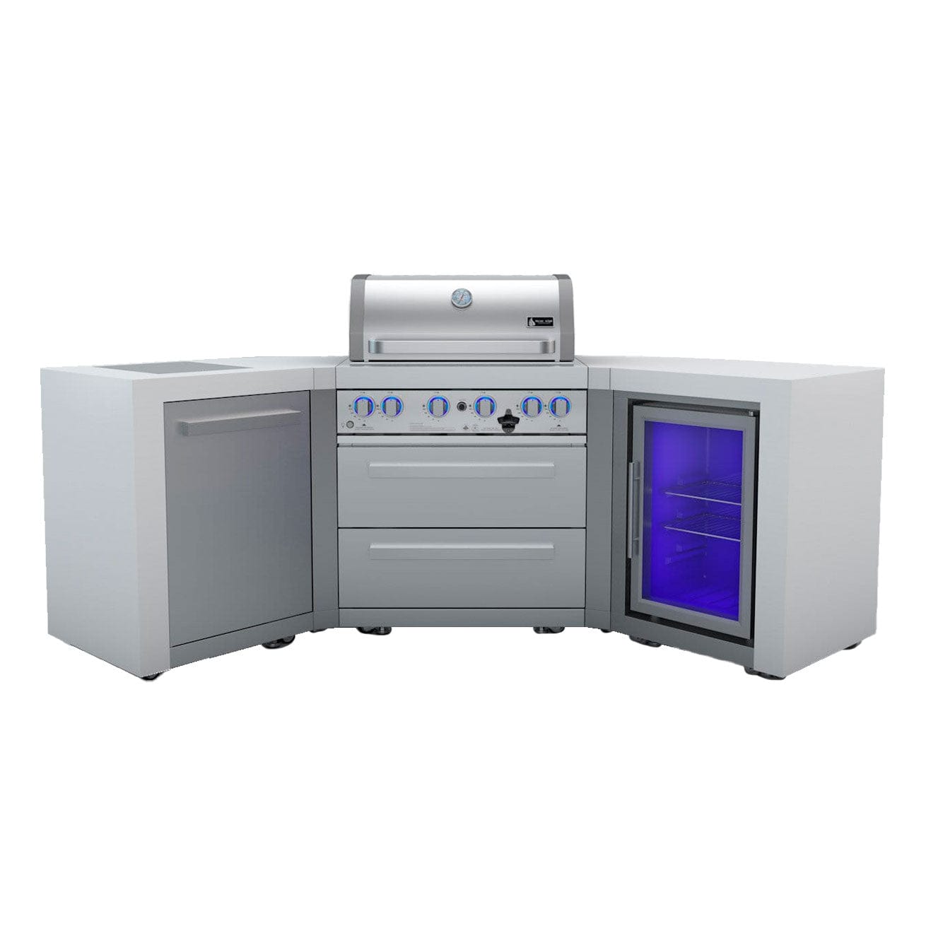 Mont Alpi Islands Mont Alpi 400 Deluxe Island with Fridge Cabinet + Two 45 Degree Corners / 4-Burner Grill, 2 Infrared Burners, Fridge, Stainless Steel / MAi400-D45FC