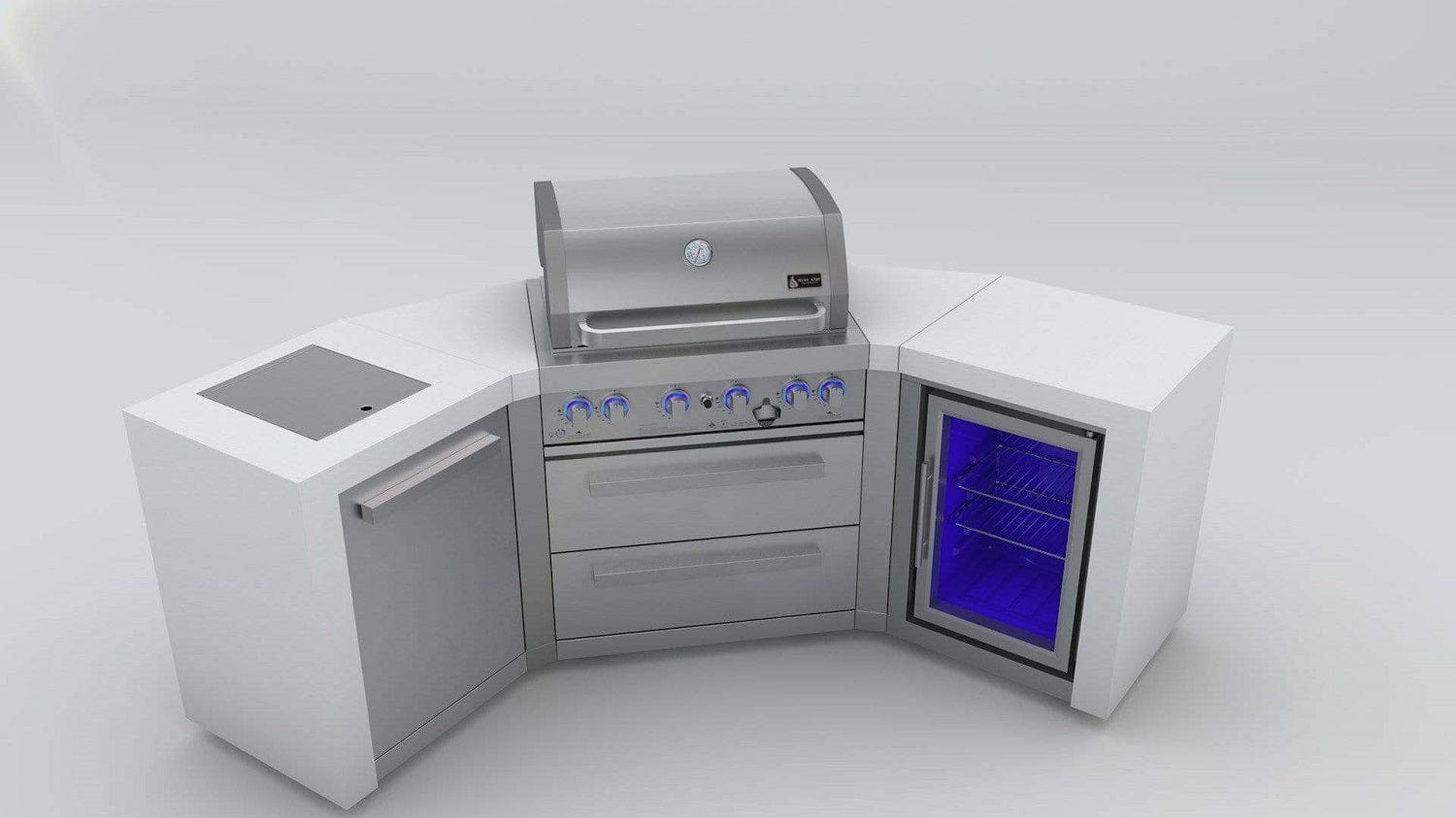 Mont Alpi Islands Mont Alpi 400 Deluxe Island with Fridge Cabinet + Two 45 Degree Corners / 4-Burner Grill, 2 Infrared Burners, Fridge, Stainless Steel / MAi400-D45FC