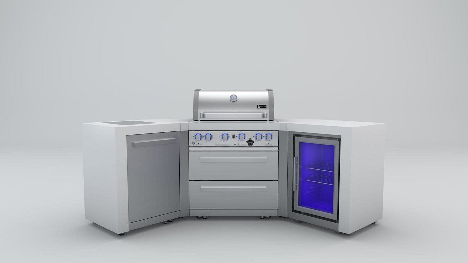 Mont Alpi Islands Mont Alpi 400 Deluxe Island with Fridge Cabinet + Two 45 Degree Corners / 4-Burner Grill, 2 Infrared Burners, Fridge, Stainless Steel / MAi400-D45FC