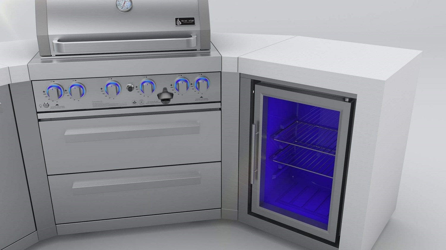 Mont Alpi Islands Mont Alpi 400 Deluxe Island with Fridge Cabinet + Two 45 Degree Corners / 4-Burner Grill, 2 Infrared Burners, Fridge, Stainless Steel / MAi400-D45FC