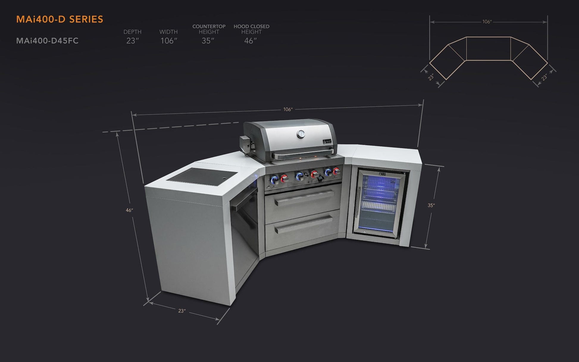Mont Alpi Islands Mont Alpi 400 Deluxe Island with Fridge Cabinet + Two 45 Degree Corners / 4-Burner Grill, 2 Infrared Burners, Fridge, Stainless Steel / MAi400-D45FC